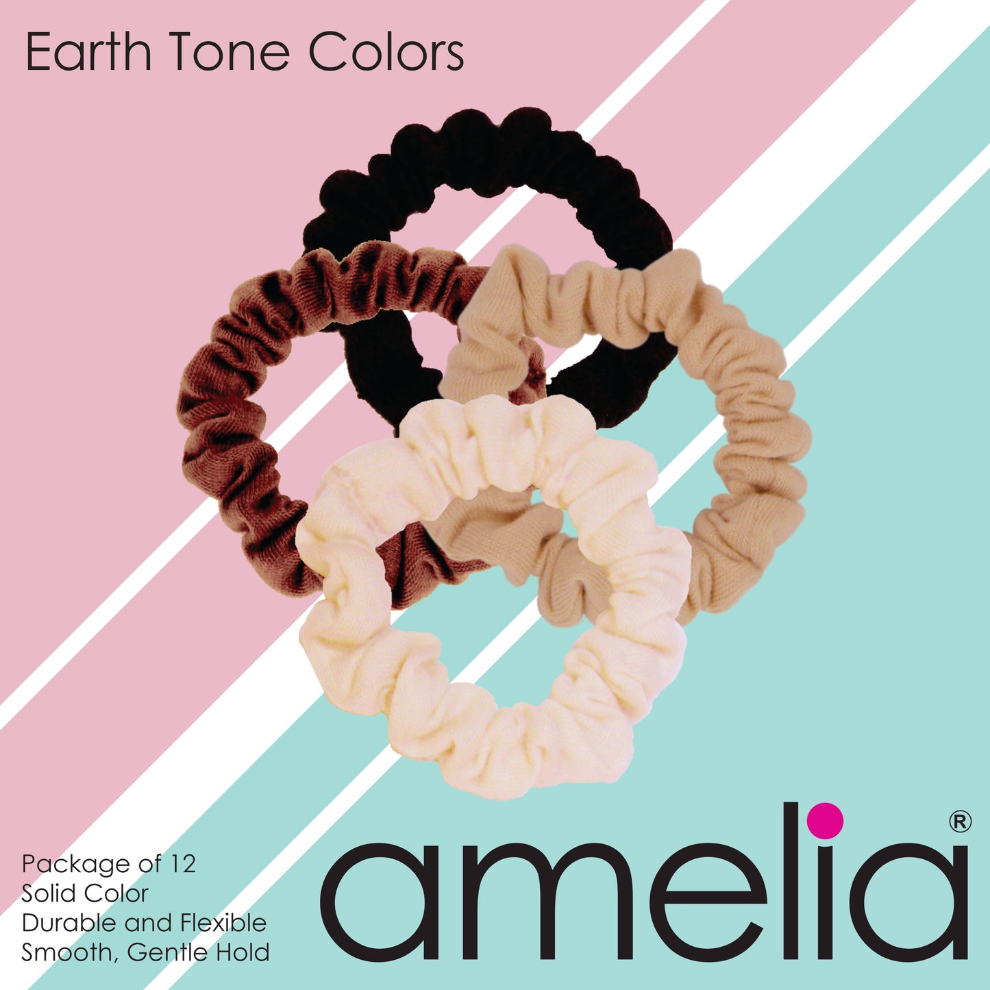 Amelia Beauty, Earth Mix Jersey Scrunchies, 2.25in Diameter, Gentle on Hair, Strong Hold, No Snag, No Dents or Creases. 12 Pack - 12 Retail Packs