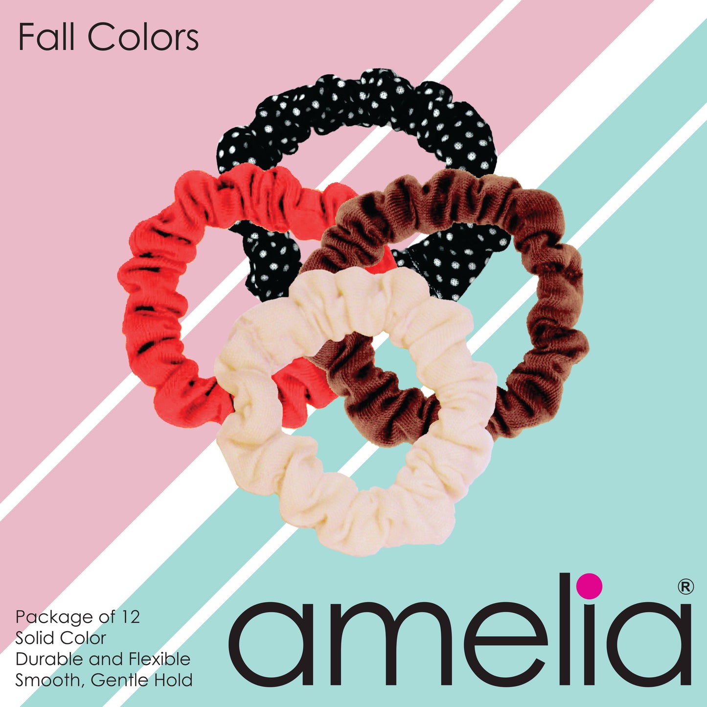 Amelia Beauty, Fall Colors Blend Jersey Scrunchies, 2.25in Diameter, Gentle on Hair, Strong Hold, No Snag, No Dents or Creases. 12 Pack - 12 Retail Packs