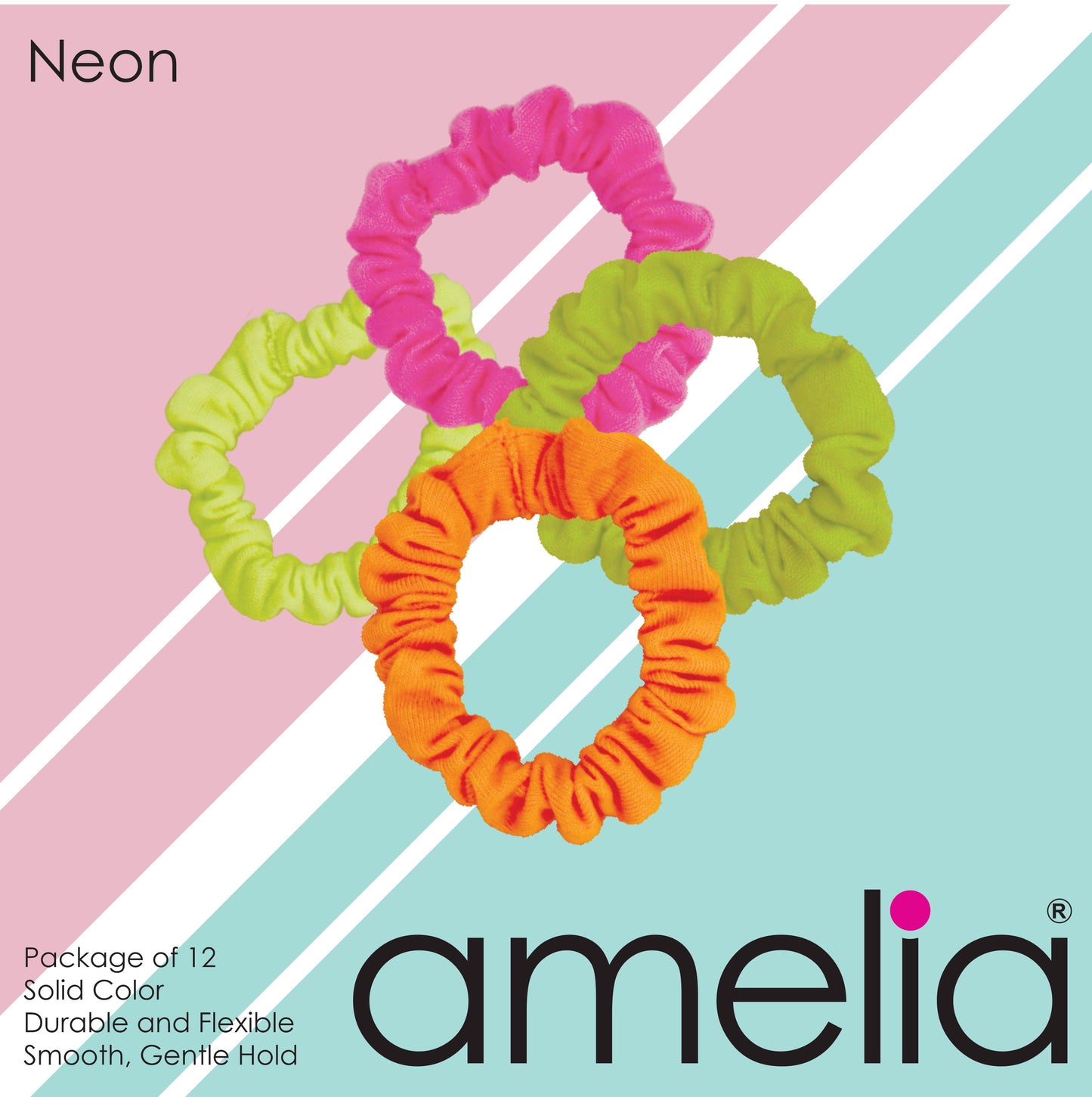 Amelia Beauty, Neon Mix Jersey Scrunchies, 2.25in Diameter, Gentle on Hair, Strong Hold, No Snag, No Dents or Creases. 12 Pack - 12 Retail Packs