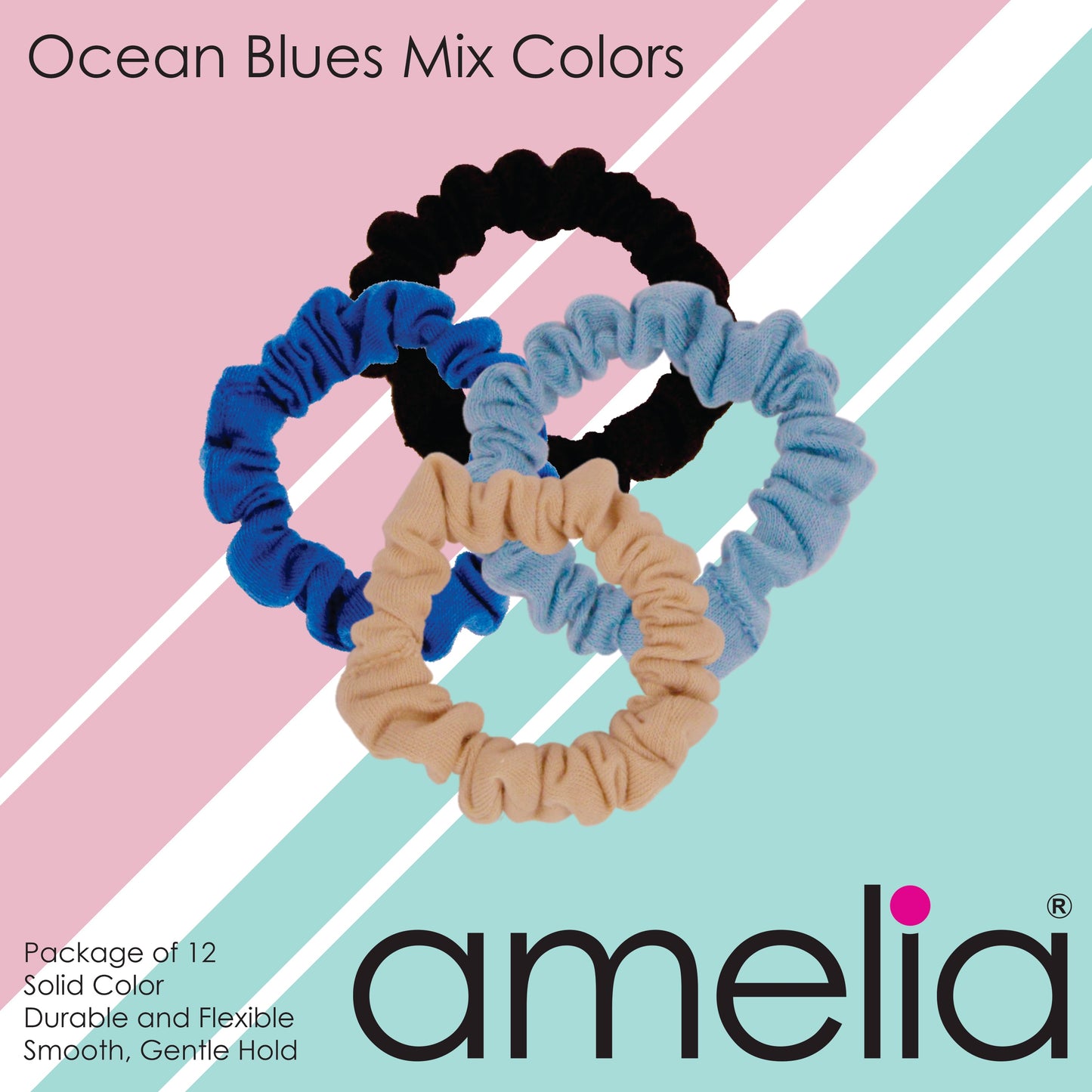 Amelia Beauty, Ocean Colors Jersey Scrunchies, 2.25in Diameter, Gentle on Hair, Strong Hold, No Snag, No Dents or Creases. 12 Pack - 12 Retail Packs