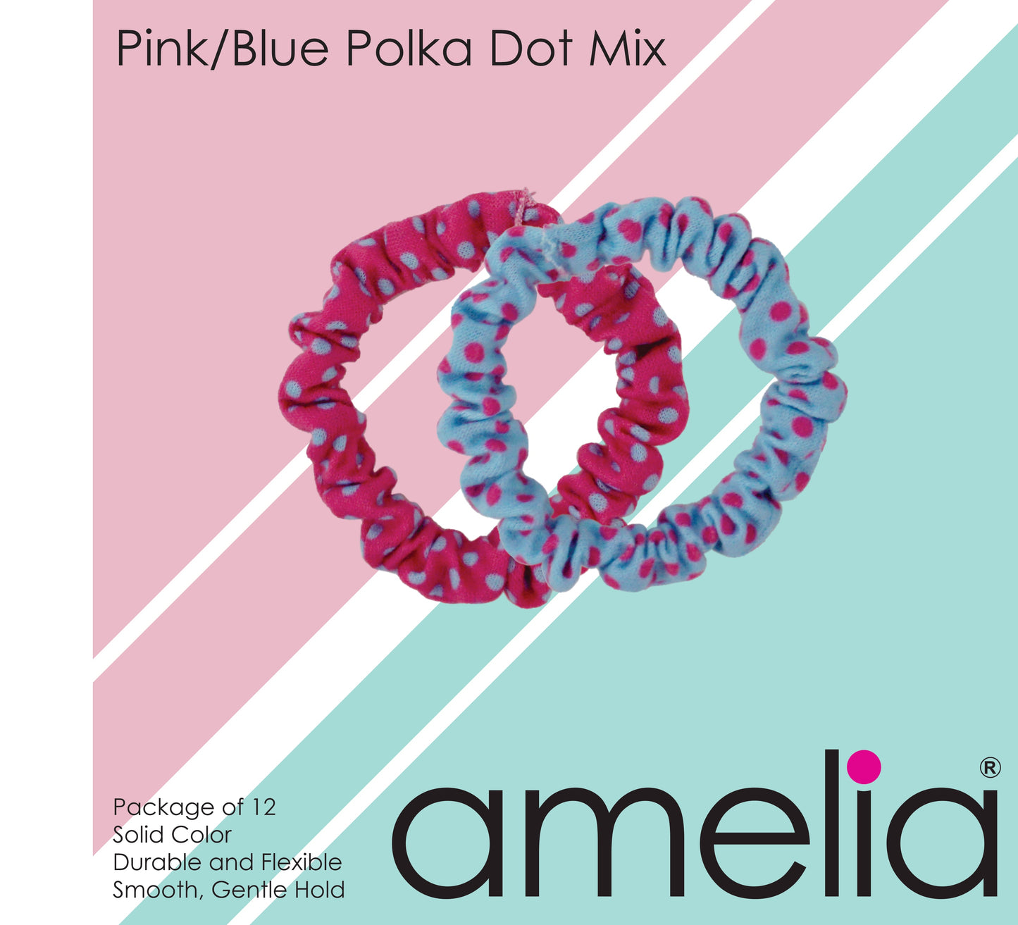 Amelia Beauty, Pink and Blue Polka Dot Mix Jersey Scrunchies, 2.25in Diameter, Gentle on Hair, Strong Hold, No Snag, No Dents or Creases. 12 Pack - 12 Retail Packs