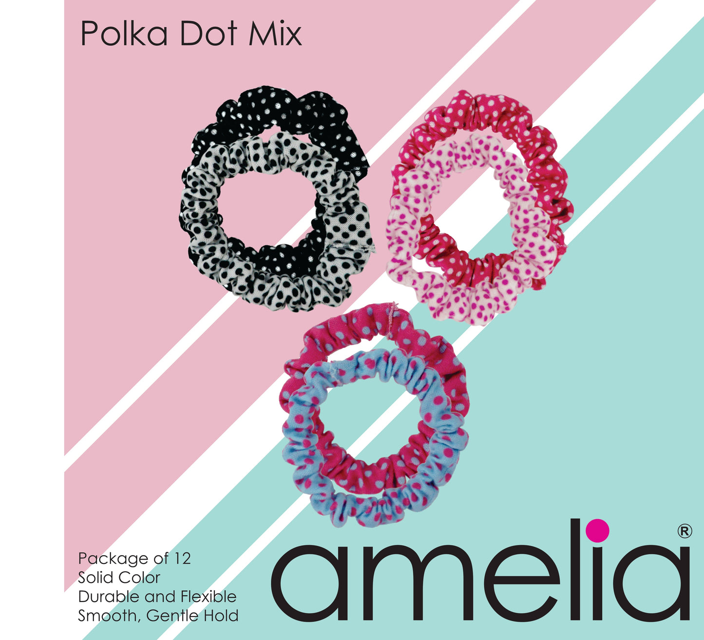 Amelia Beauty, Polka Dot Mix Jersey Scrunchies, 2.25in Diameter, Gentle on Hair, Strong Hold, No Snag, No Dents or Creases. 12 Pack - 12 Retail Packs