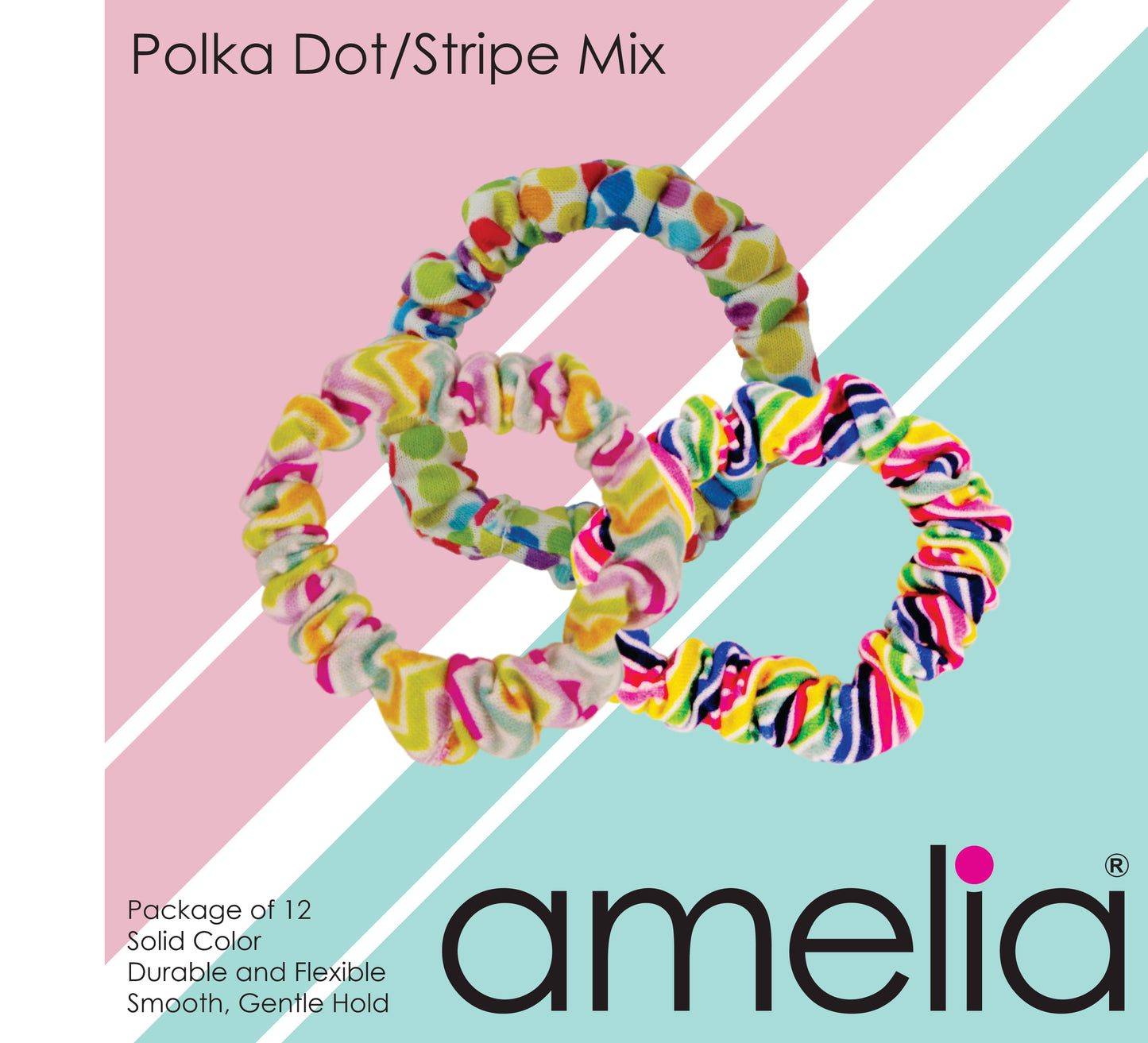 Amelia Beauty, Polka Dot Stripe Mix Jersey Scrunchies, 2.25in Diameter, Gentle on Hair, Strong Hold, No Snag, No Dents or Creases. 12 Pack - 12 Retail Packs