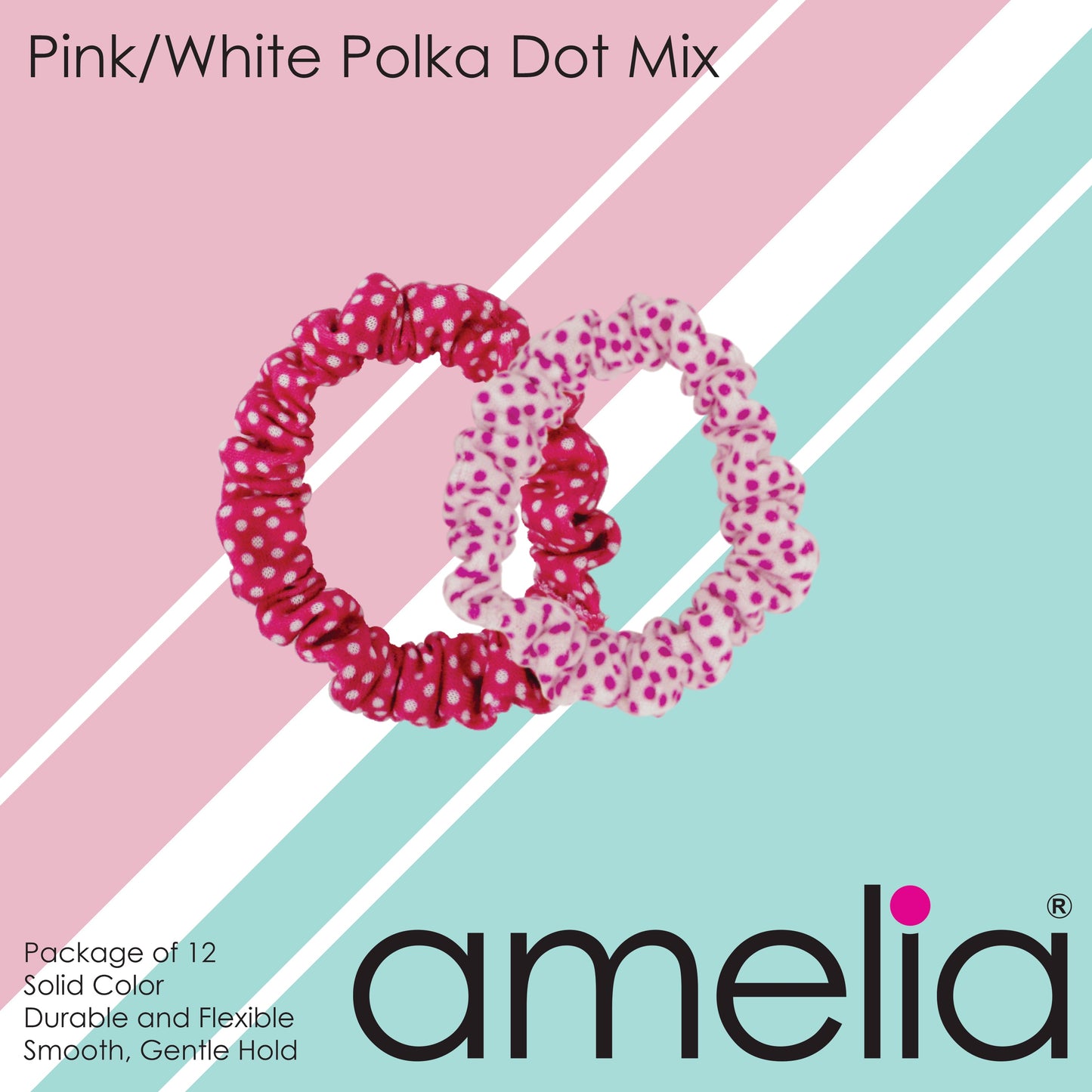 Amelia Beauty, Pink and White Polka Dot Mix Jersey Scrunchies, 2.25in Diameter, Gentle on Hair, Strong Hold, No Snag, No Dents or Creases. 12 Pack - 12 Retail Packs