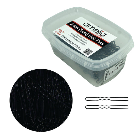 950, Black, 2.0in (5.0cm), Italian Made Waved Hair Pins, Recloseable Stay Clean and Organized Container - 6 Retail Packs