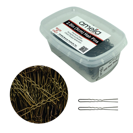 950, Brown, 2.0in (5.0cm), Italian Made Waved Hair Pins, Recloseable Stay Clean and Organized Container - 6 Retail Packs