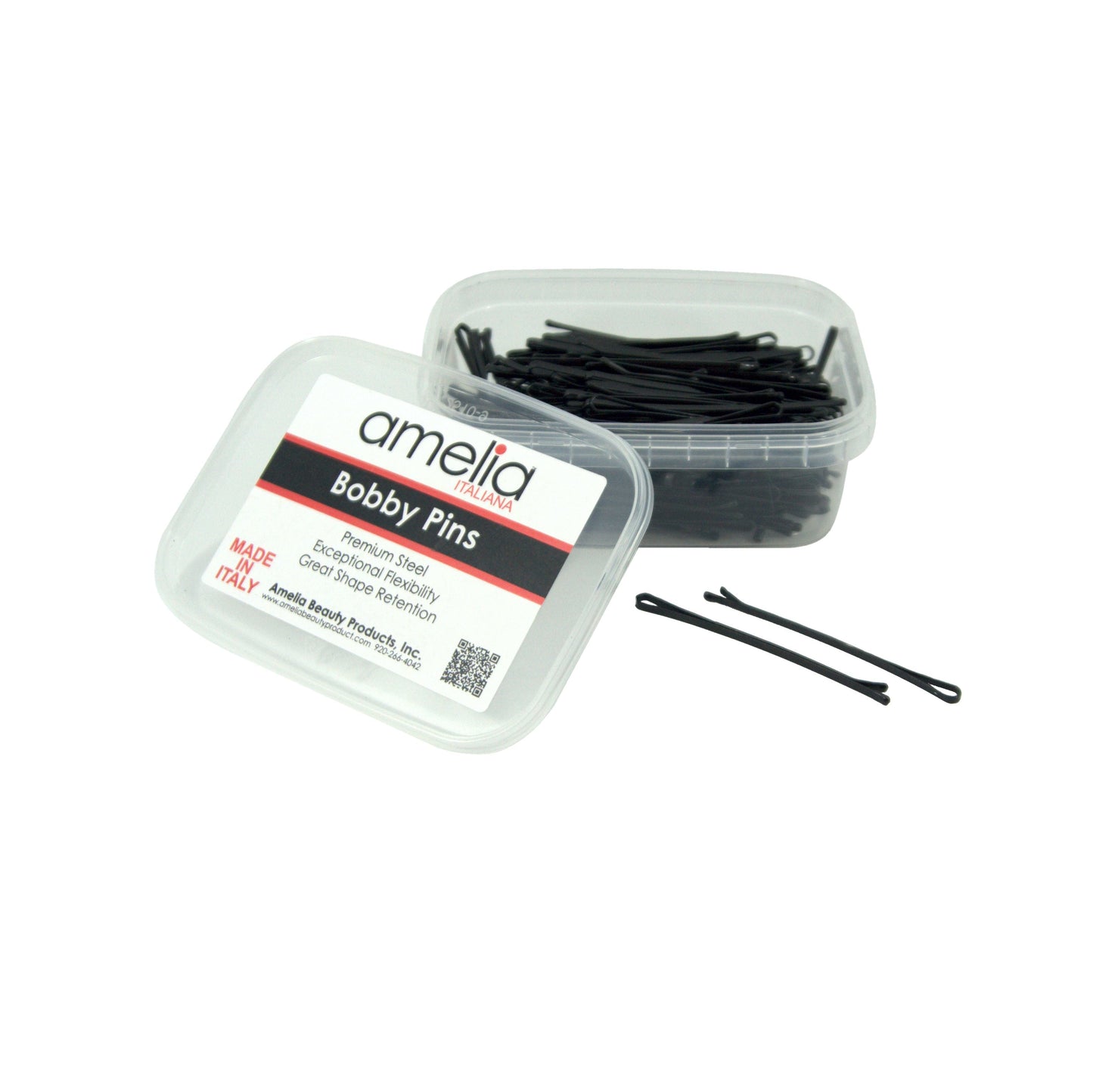 180, Black, 2.8in (7.0cm), Italian Made Flat Bobby Pins, Recloseable Stay Clean and Organized Container - 6 Retail Packs