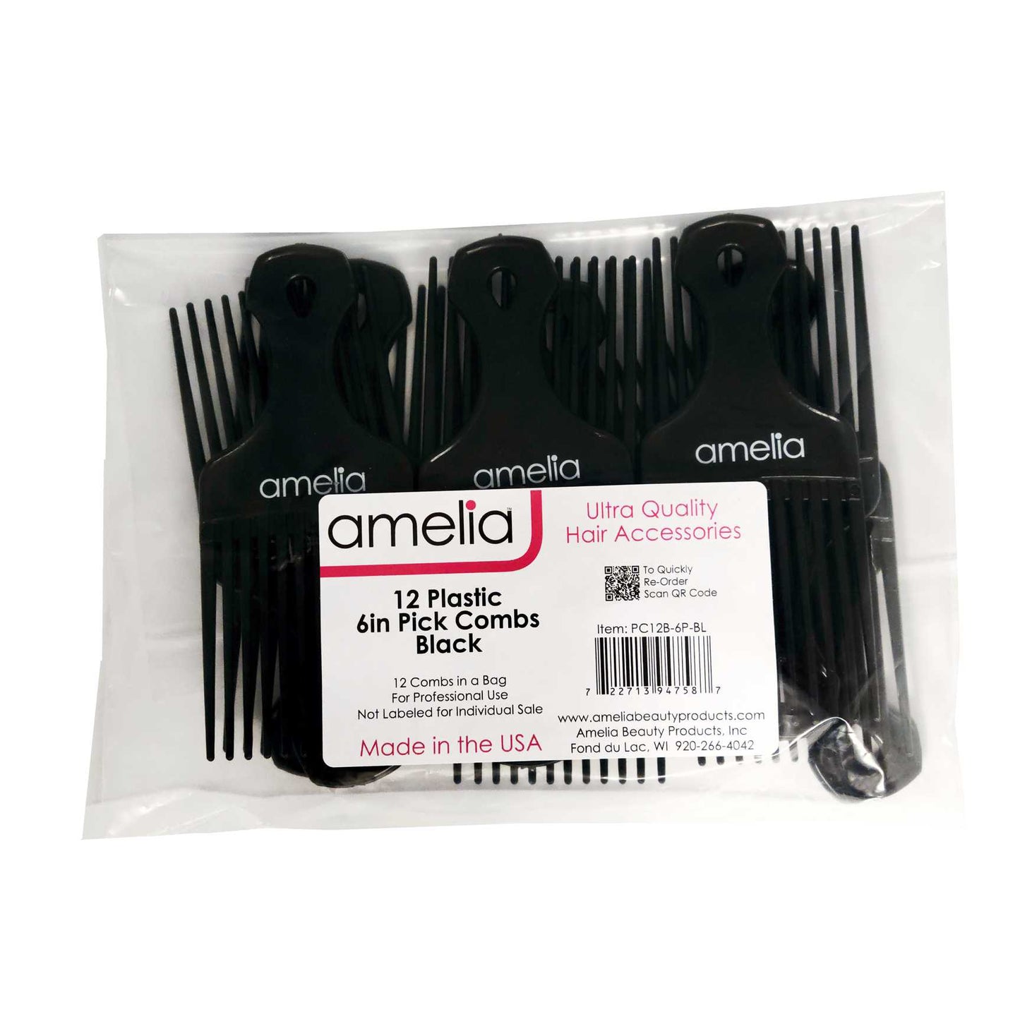 6in Plastic Pick Comb - Black (12 Pack)