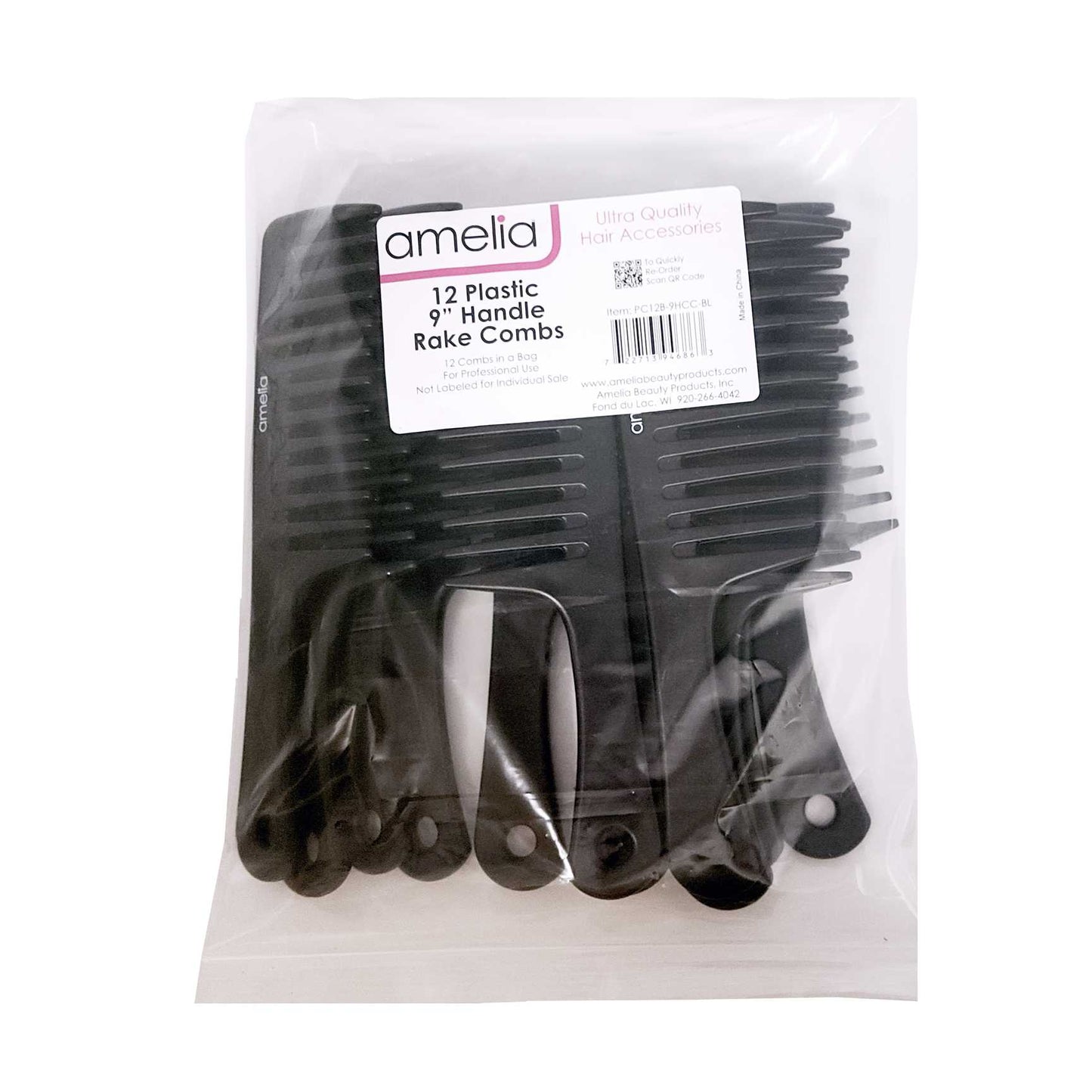 9in Detangling Handled Styling Rake Plastic Comb (12 Pack)