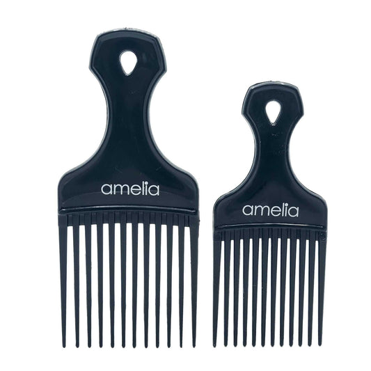 Amelia Beauty, 6in and 7in Curly Hair Wide Tooth Pick, Made in USA, Professional Grade Hair Pick Creates Volume, Detangles, Portable Salon Barber Shop Black Afro Pick Comb Hair Styling Tool, 2 Pack - 12 Retail Packs