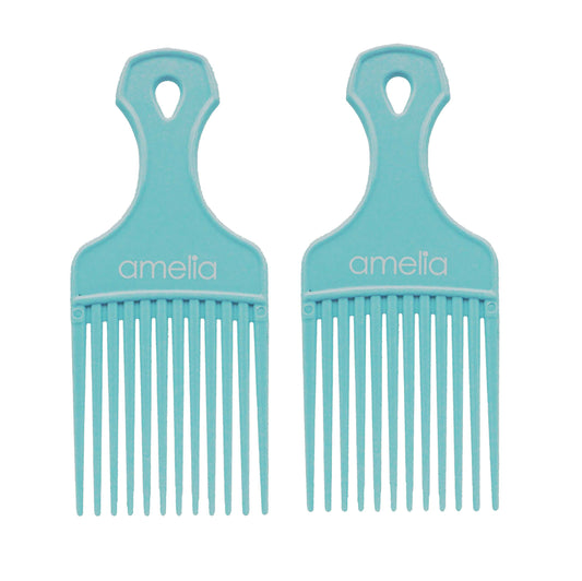 Amelia Beauty, 6in Sky Blue Curly Hair Wide Tooth Pick, Made in USA, Professional Grade Hair Pick Create Volume, Detangle, Portable Salon Barber Shop Afro Pick Comb Hair Styling Tool, 6"x2.5", 2 Pack - 12 Retail Packs