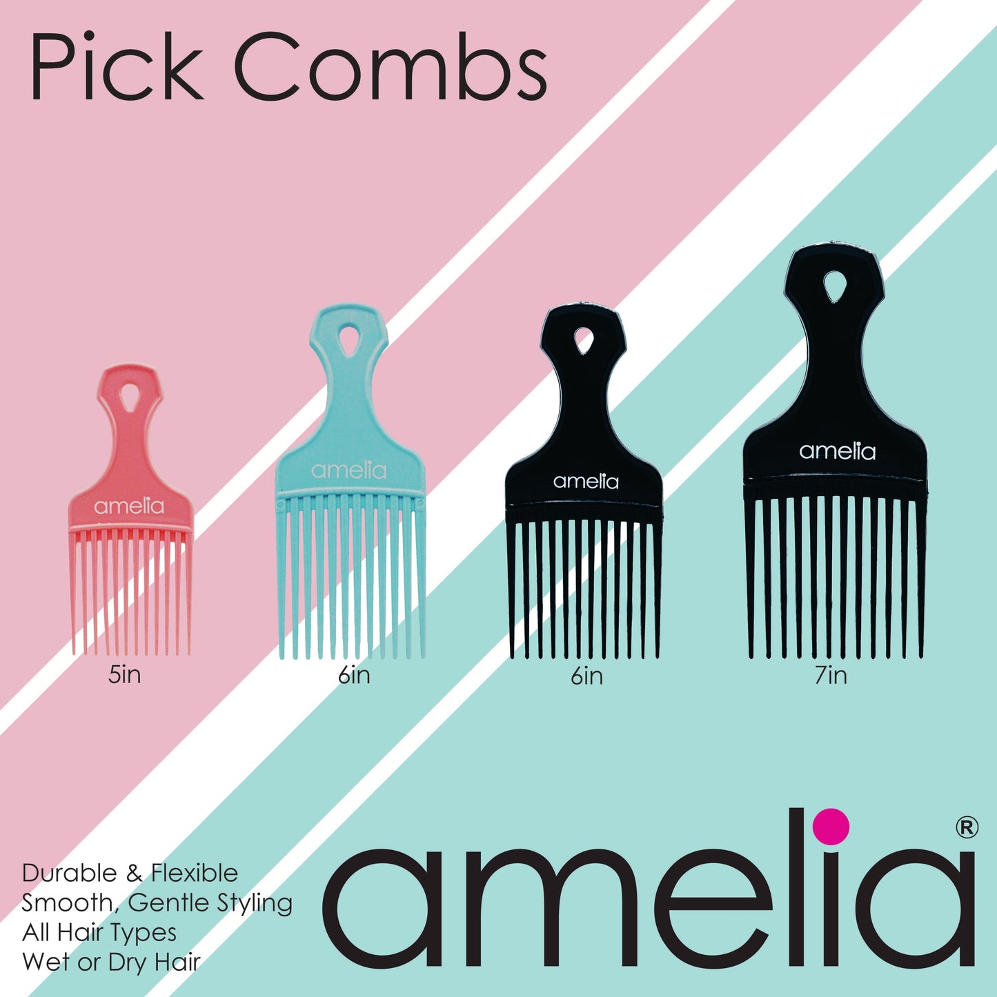 Amelia Beauty, 6in Black Curly Hair Wide Tooth Pick, Made in USA, Professional Grade Hair Pick Create Volume, Detangle, Portable Salon Barber Shop Afro Pick Comb Hair Styling Tool, 6"x2.5", 2 Pack - 12 Retail Packs