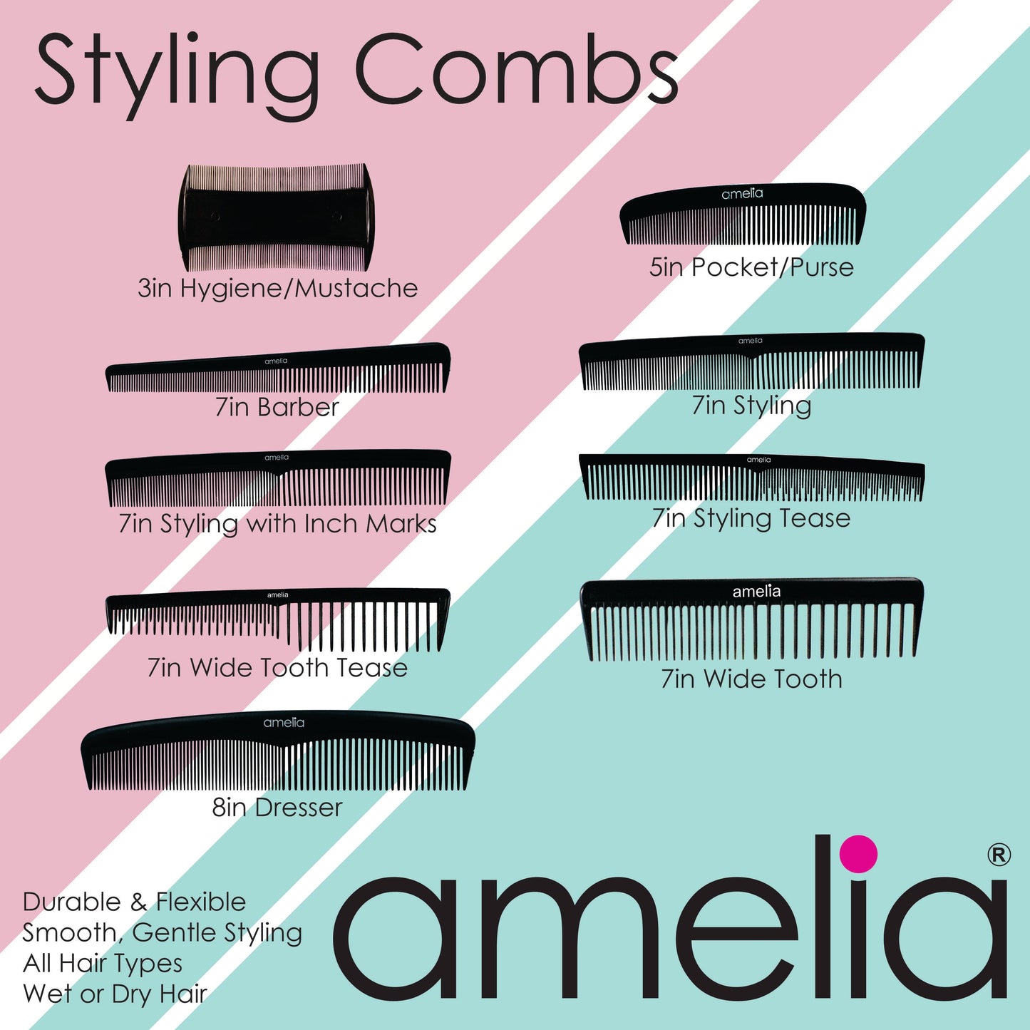 Amelia Beauty, 3in Black Plastic Personal Hygiene Mustache Comb, Made in USA, Professional Grade Comb, Portable Salon Barber Shop Black Lice Everyday Styling  Mustashe Comb Hair, Styling Tool, 2 Pack - 12 Retail Packs