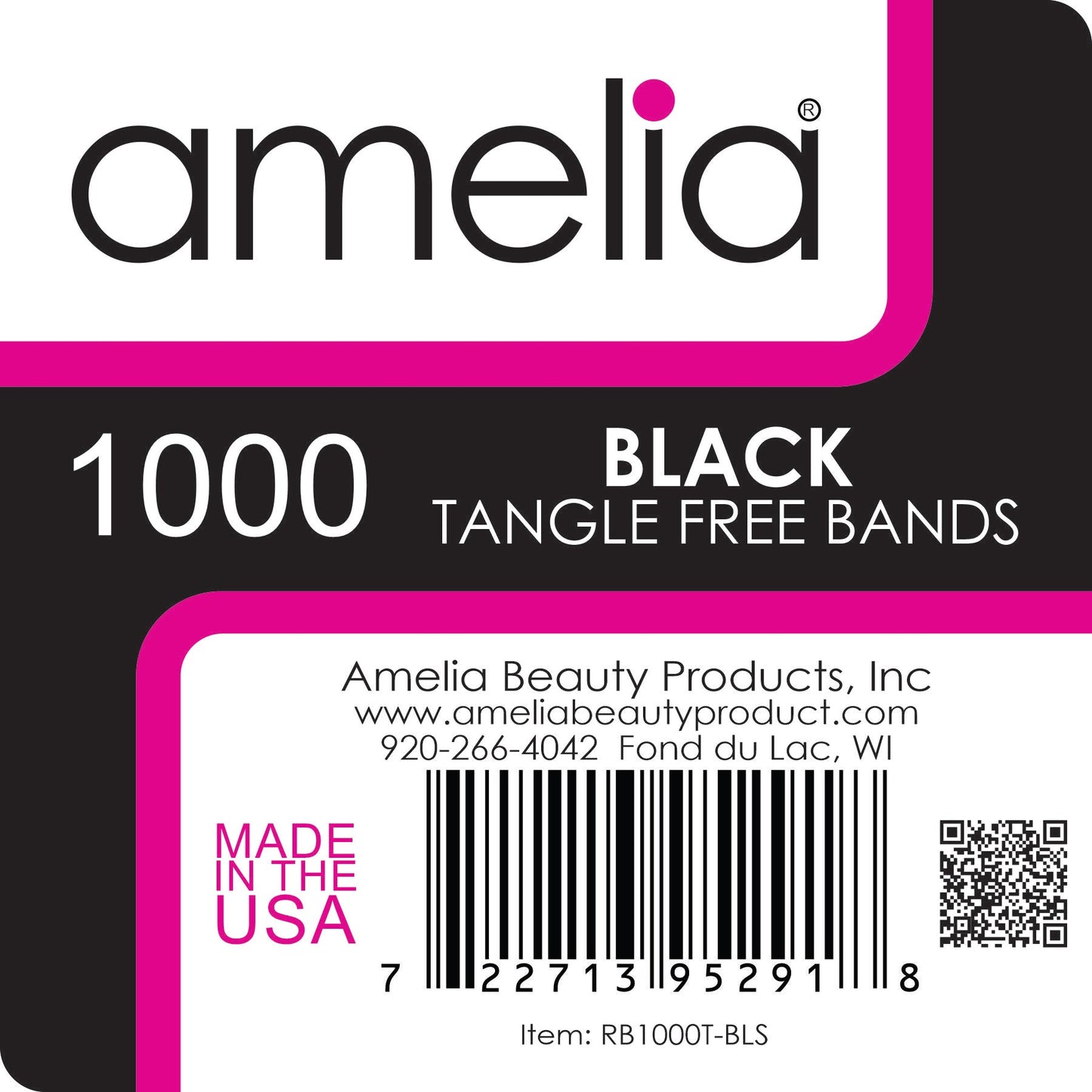 Amelia Beauty | 1/2in, Black, Tangle Free Elastic Pony Tail Holders | Made in USA, Ideal for Ponytails, Braids, Twists. For Women, Girls. Pain Free, Snag Free, Easy Off | 1000 Pack - 12 Retail Packs