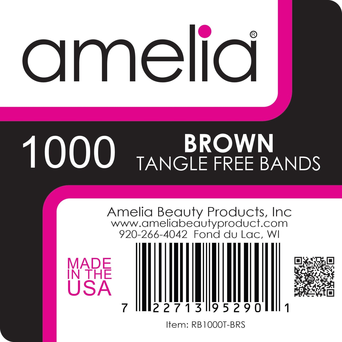 Amelia Beauty | 1/2in, Brown, Tangle Free Elastic Pony Tail Holders | Made in USA, Ideal for Ponytails, Braids, Twists. For Women, Girls. Pain Free, Snag Free, Easy Off | 1000 Pack - 12 Retail Packs