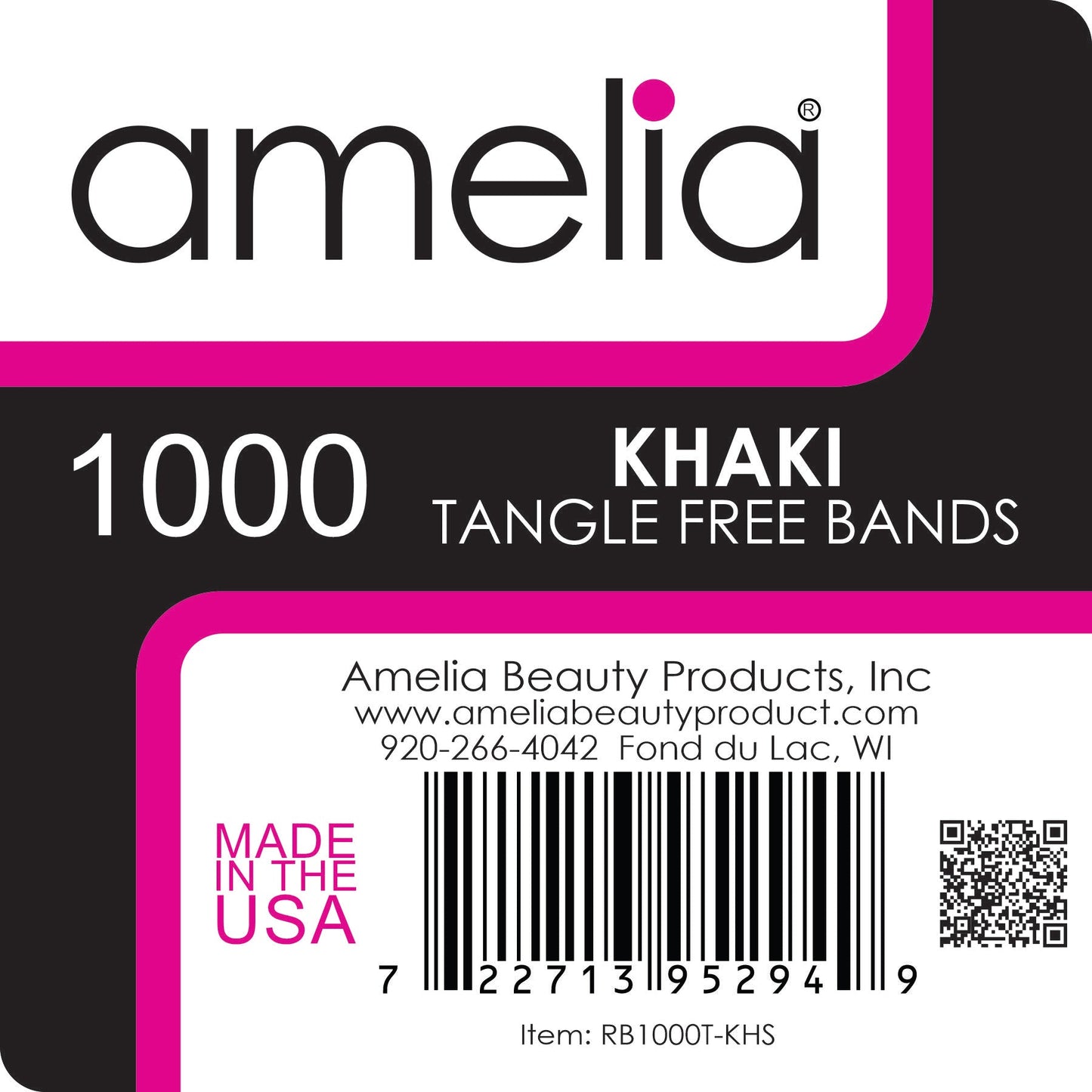 Amelia Beauty | 1/2in, Khaki, Tangle Free Elastic Pony Tail Holders | Made in USA, Ideal for Ponytails, Braids, Twists. For Women, Girls. Pain Free, Snag Free, Easy Off | 1000 Pack - 12 Retail Packs