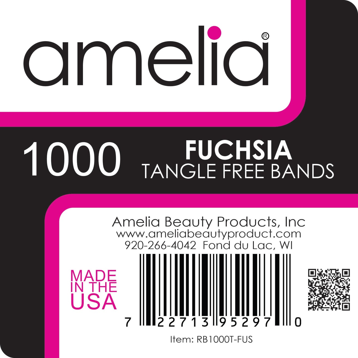 Amelia Beauty | 1/2in, Fuchsia, Tangle Free Elastic Pony Tail Holders | Made in USA, Ideal for Ponytails, Braids, Twists. For Women, Girls. Pain Free, Snag Free, Easy Off | 1000 Pack - 12 Retail Packs