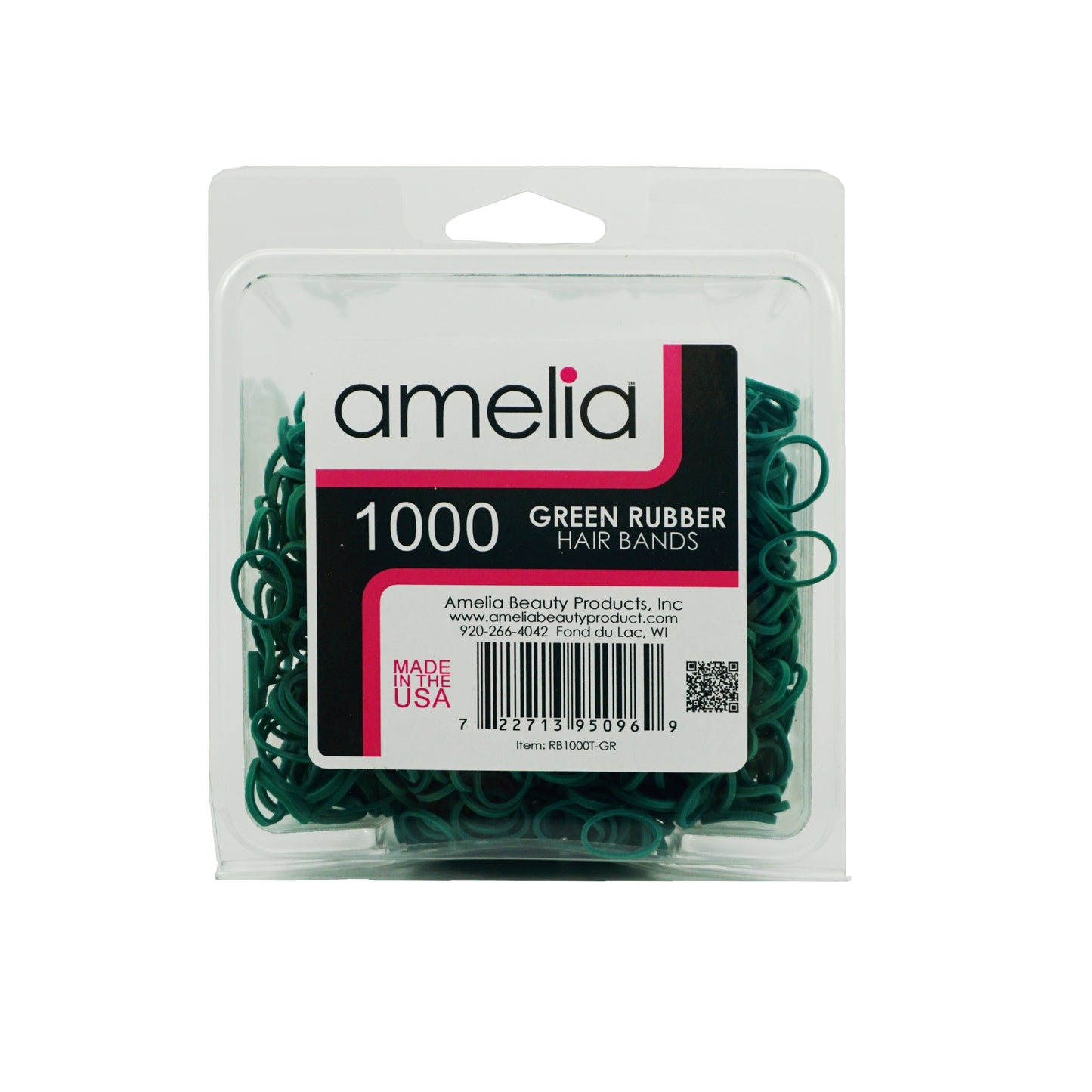 1000, Green Color, Standard Size,  Rubber Bands for Pony Tails and Braids,  Made in the USA!!  12 Retail Packages