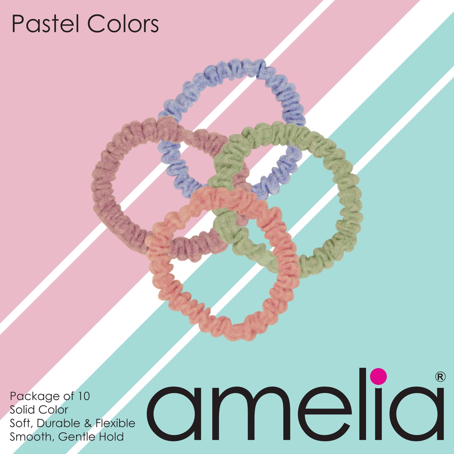 Amelia Beauty, Pastels Ribbed Scrunchies, 2.25in Diameter, Gentle on Hair, Strong Hold, No Snag, No Dents or Creases. 10 Pack - 12 Retail Packs