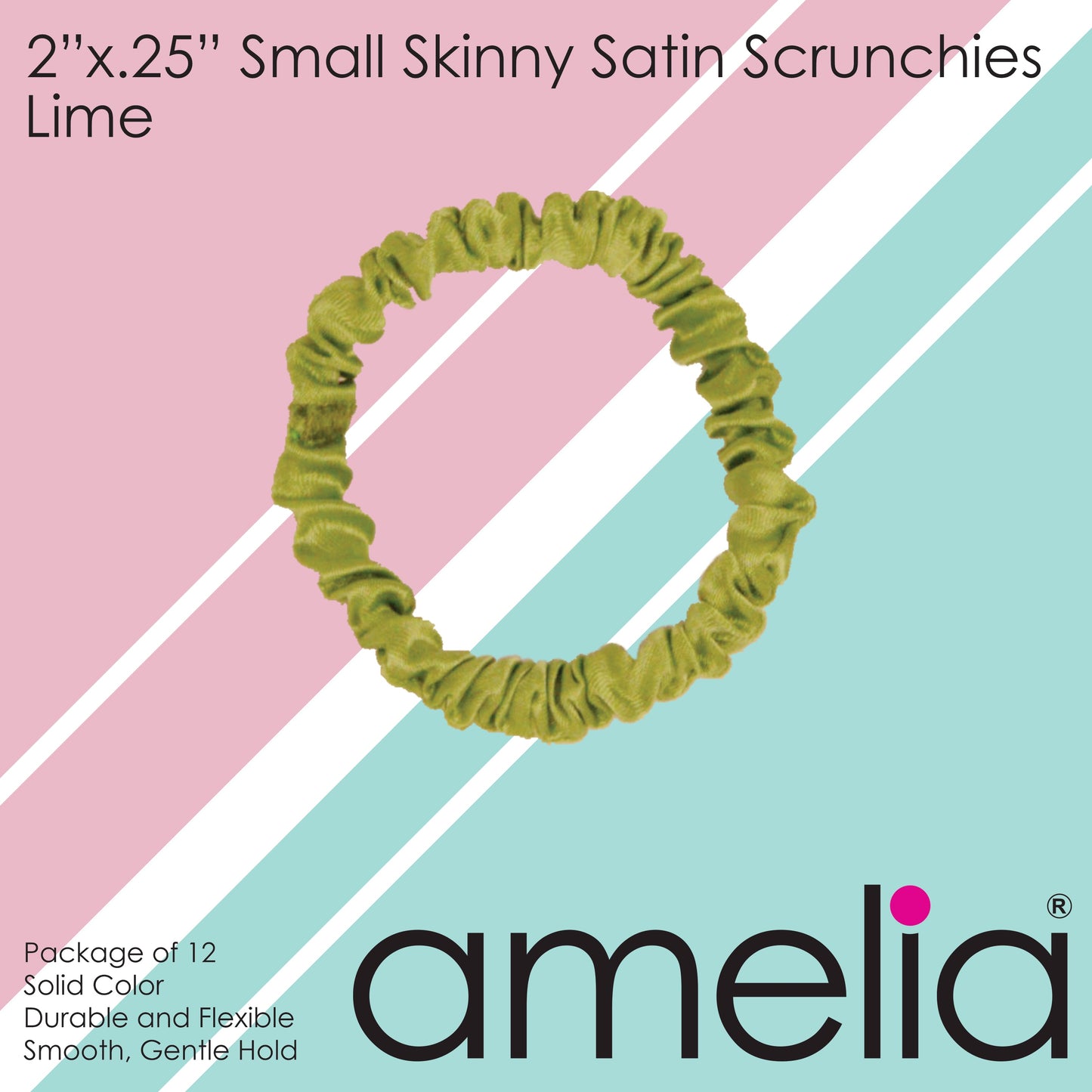 Amelia Beauty, Lime Skinny Satin Scrunchies, 2in Diameter, Gentle and Strong Hold, No Snag, No Dents or Creases. 12 Pack - 12 Retail Packs