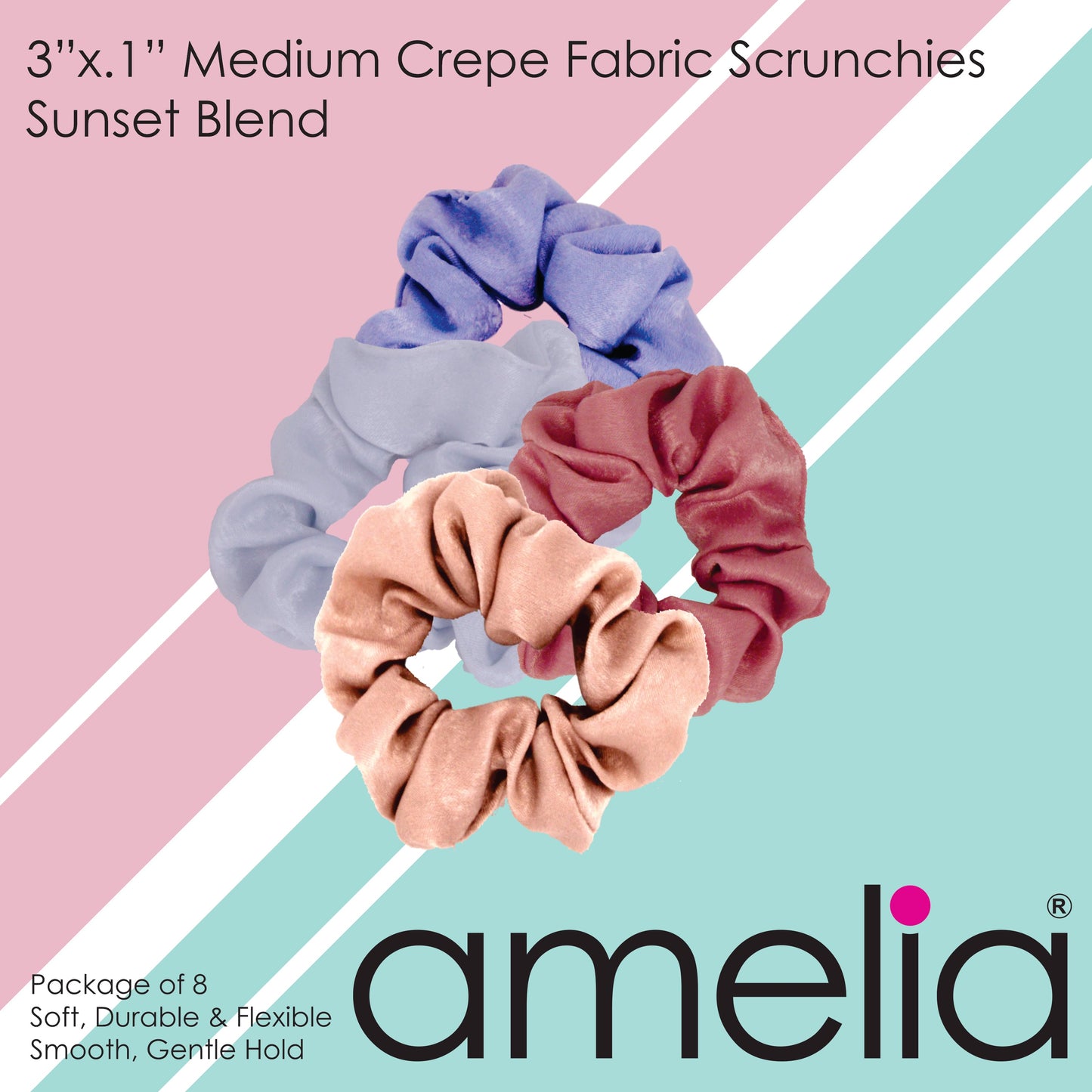 Amelia Beauty | 3in Sunset Blend Crepe Scrunchies | Soft, Gentle and Strong Hold | No Snag, No Dents or Creases | 8 Pack - 12 Retail Packs