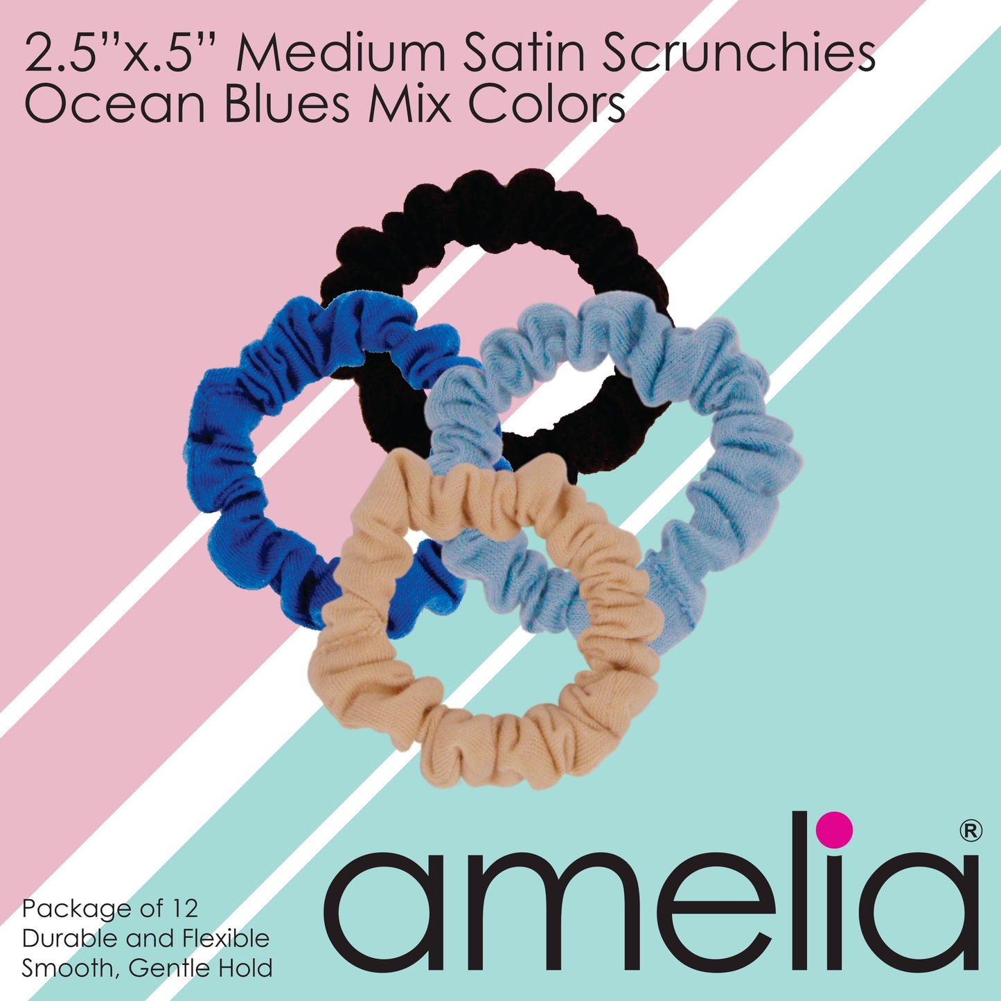 Amelia Beauty, Medium Ocean Mix Jersey Scrunchies, 2.5in Diameter, Gentle on Hair, Strong Hold, No Snag, No Dents or Creases. 10 Pack - 12 Retail Packs