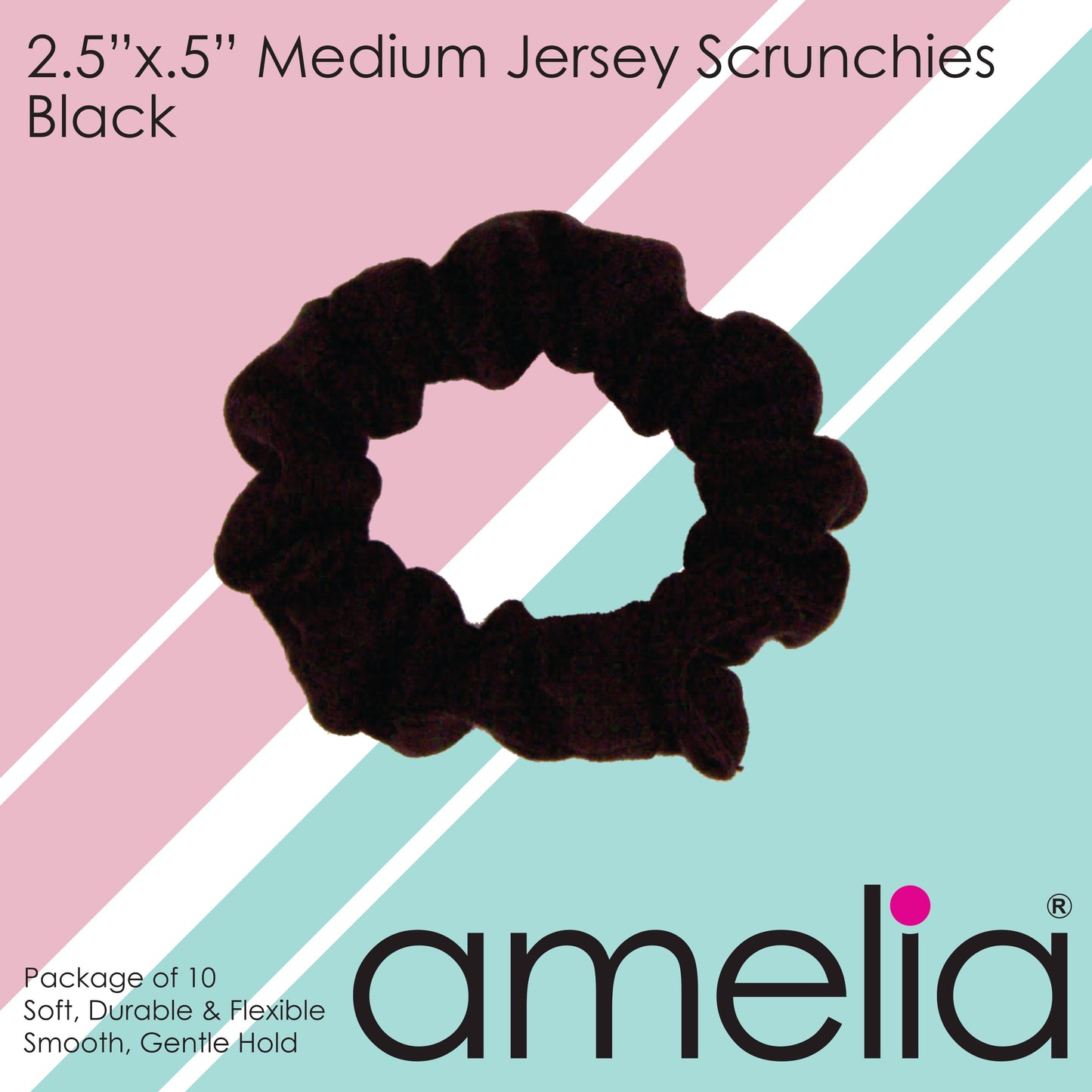 Amelia Beauty, Medium Black Jersey Scrunchies, 2.5in Diameter, Gentle on Hair, Strong Hold, No Snag, No Dents or Creases. 10 Pack - 12 Retail Packs