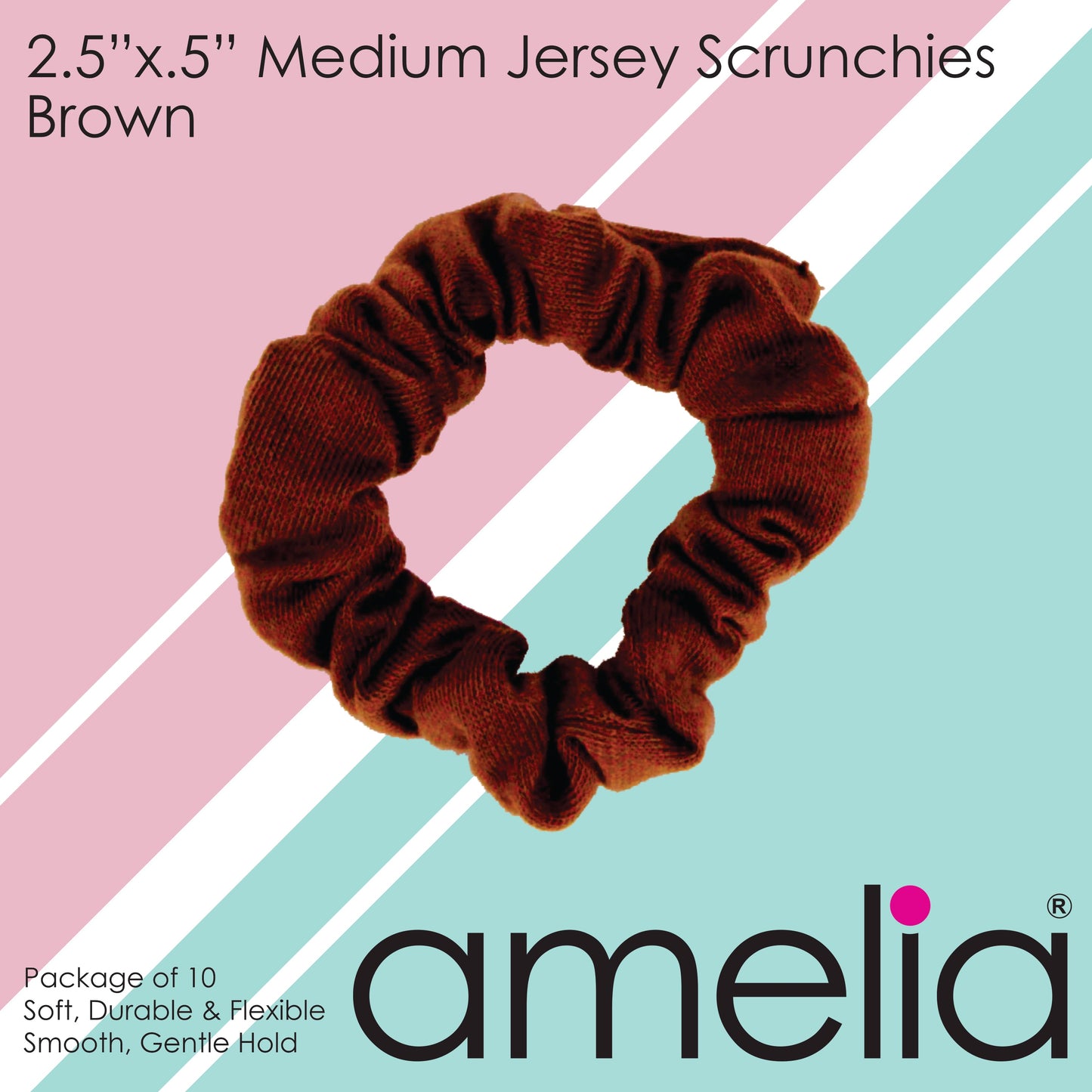 Amelia Beauty, Medium Brown Jersey Scrunchies, 2.5in Diameter, Gentle on Hair, Strong Hold, No Snag, No Dents or Creases. 10 Pack - 12 Retail Packs