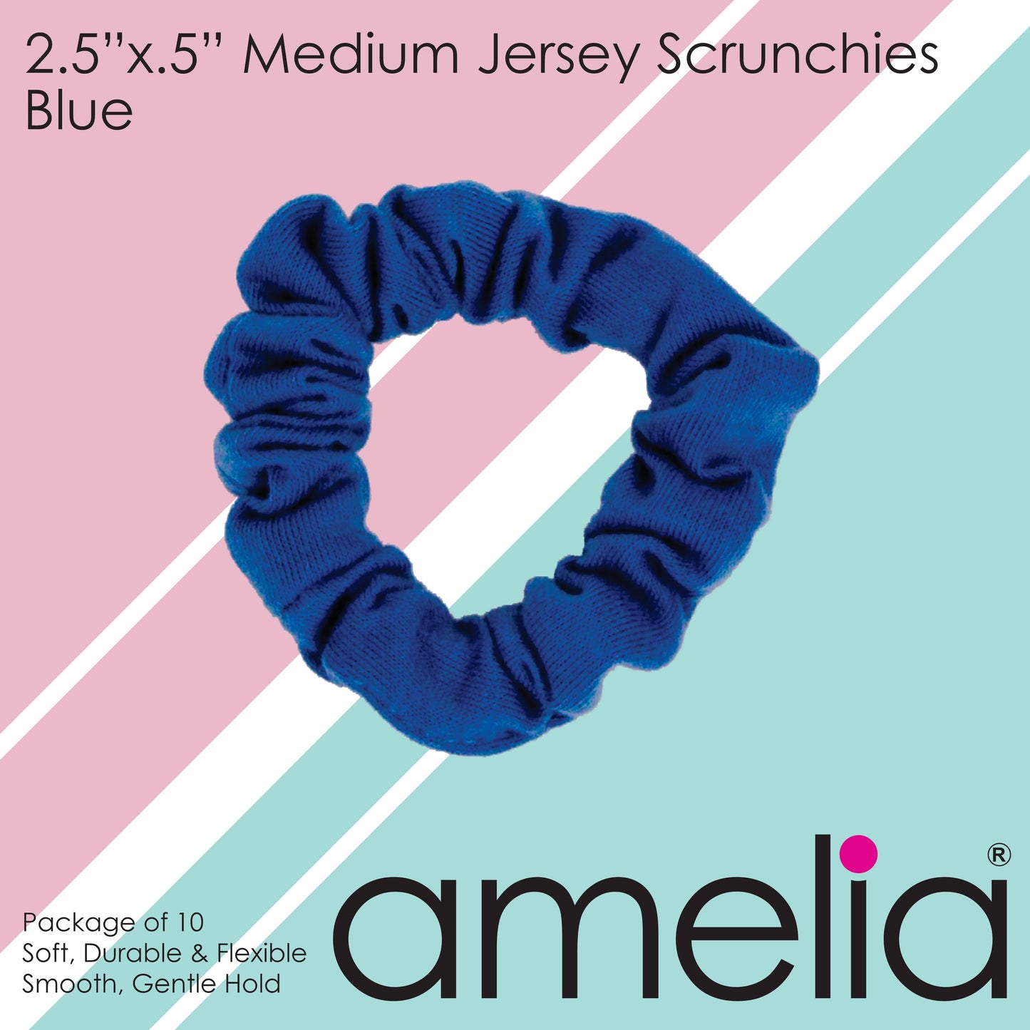 Amelia Beauty, Medium Blue Jersey Scrunchies, 2.5in Diameter, Gentle on Hair, Strong Hold, No Snag, No Dents or Creases. 10 Pack - 12 Retail Packs