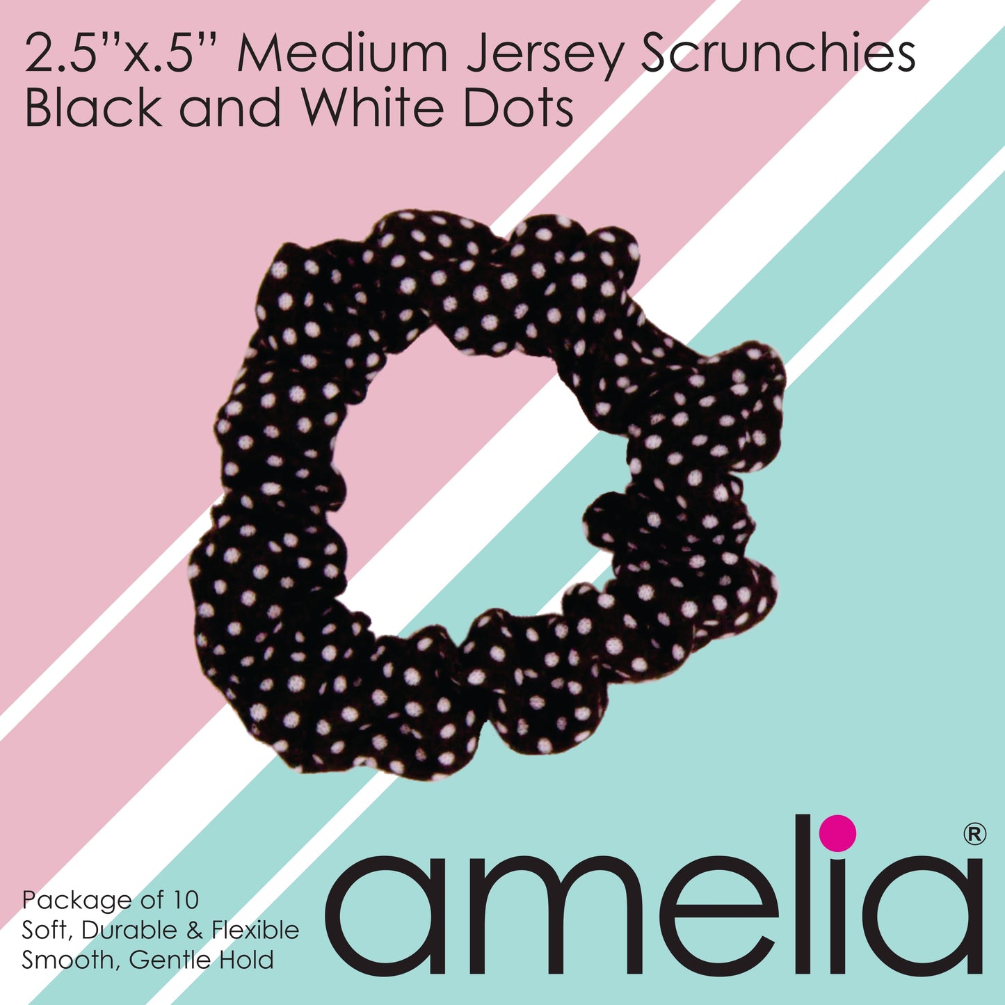 Amelia Beauty, Medium Black White Dot Jersey Scrunchies, 2.5in Diameter, Gentle on Hair, Strong Hold, No Snag, No Dents or Creases. 10 Pack - 12 Retail Packs