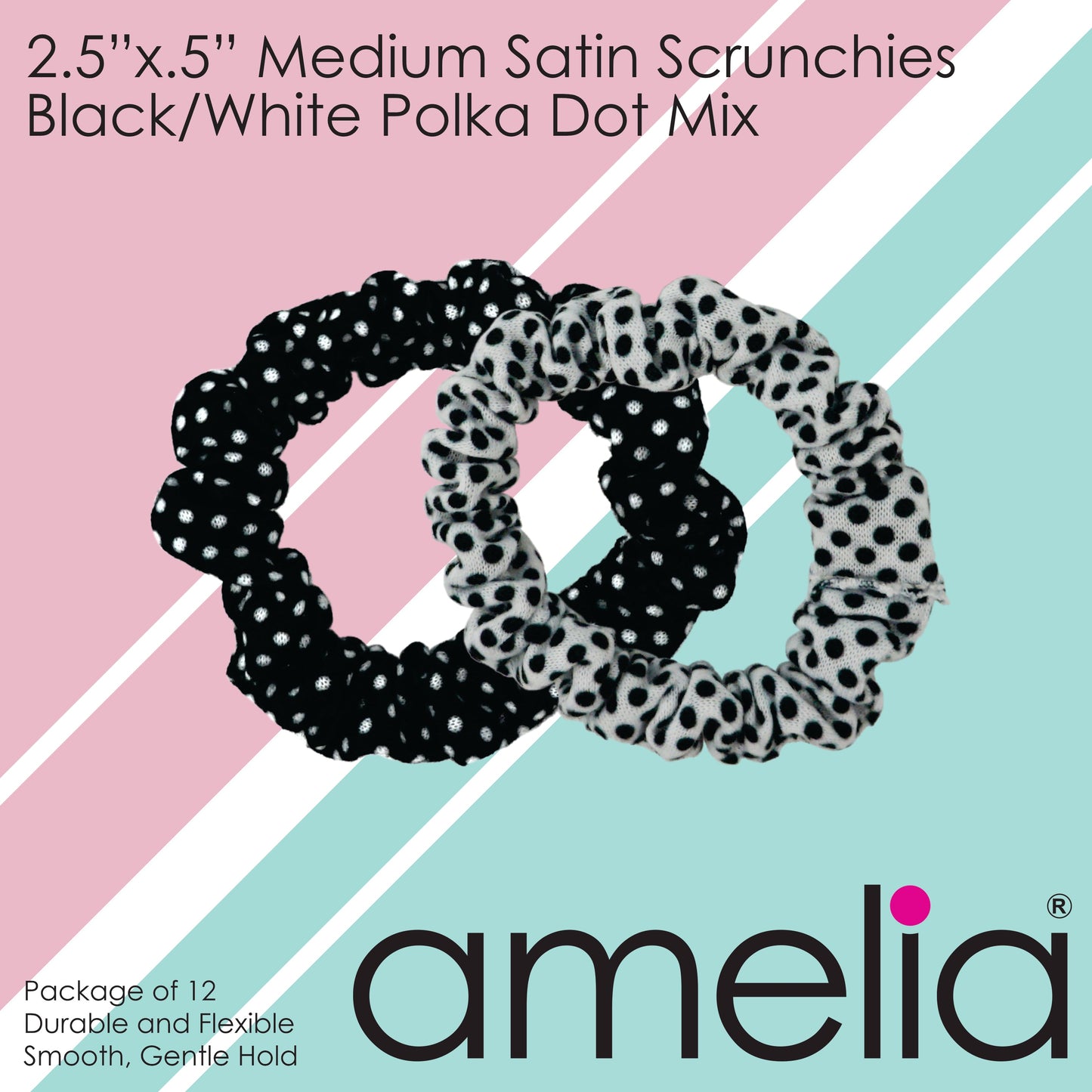 Amelia Beauty, Medium Black White Dot Mix Jersey Scrunchies, 2.5in Diameter, Gentle on Hair, Strong Hold, No Snag, No Dents or Creases. 10 Pack - 12 Retail Packs