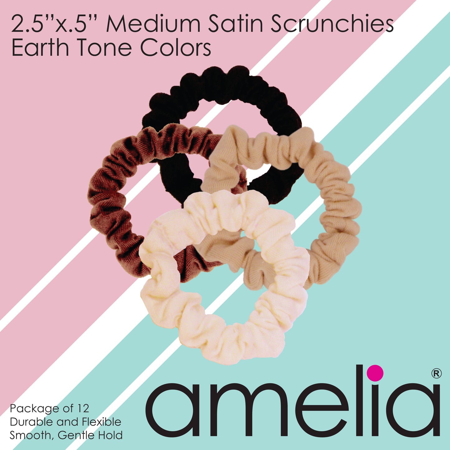 Amelia Beauty, Medium Earth Tones Jersey Scrunchies, 2.5in Diameter, Gentle on Hair, Strong Hold, No Snag, No Dents or Creases. 10 Pack - 12 Retail Packs