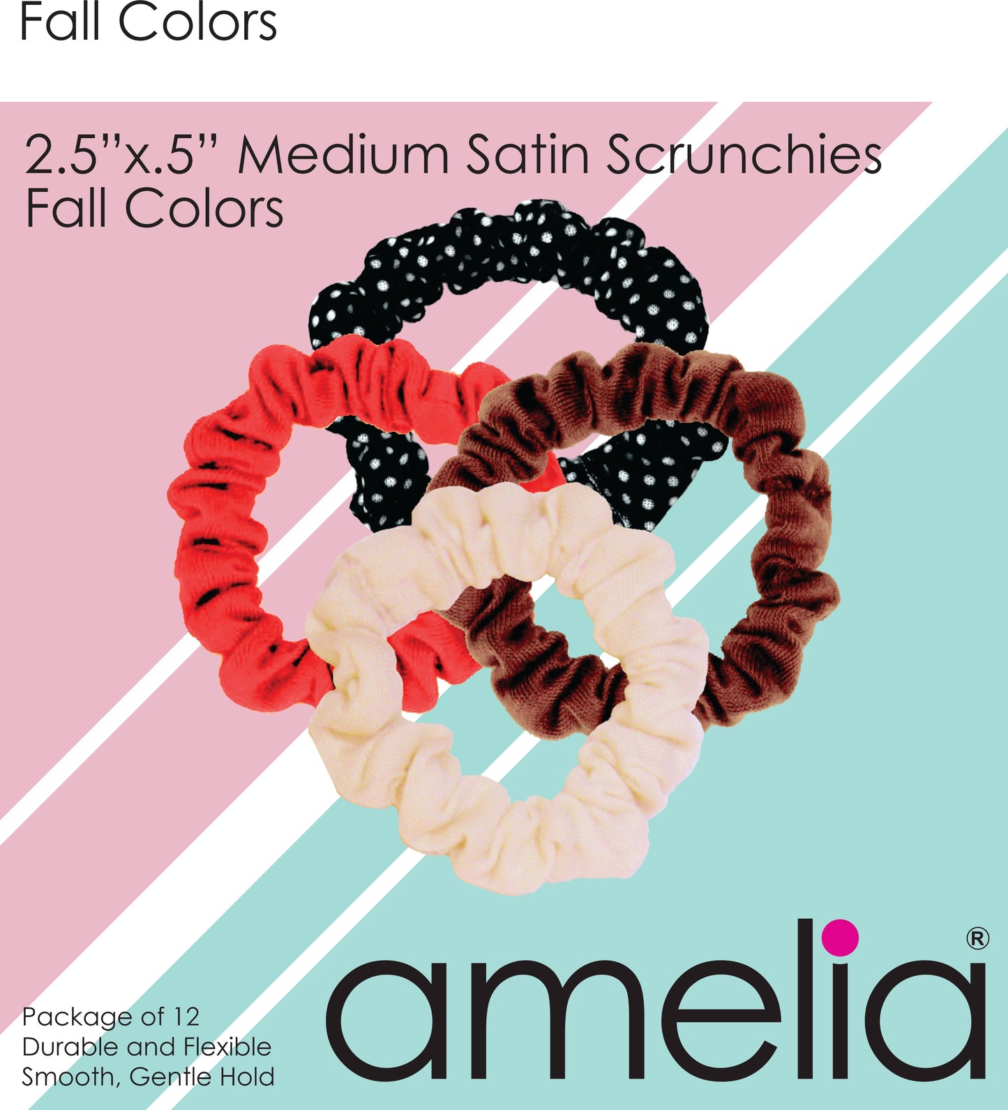 Amelia Beauty, Medium Fall Colors Jersey Scrunchies, 2.5in Diameter, Gentle on Hair, Strong Hold, No Snag, No Dents or Creases. 10 Pack - 12 Retail Packs