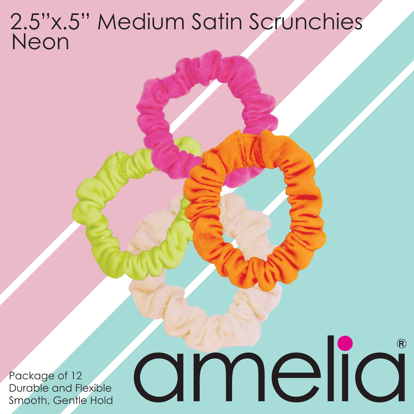 Amelia Beauty, Medium Neon Jersey Scrunchies, 2.5in Diameter, Gentle on Hair, Strong Hold, No Snag, No Dents or Creases. 10 Pack - 12 Retail Packs