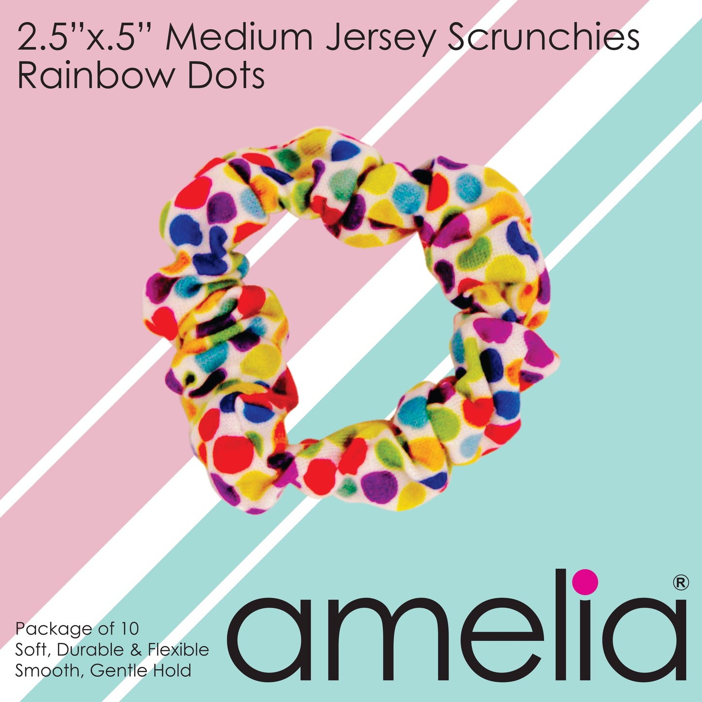 Amelia Beauty, Medium Rainbow Dot Jersey Scrunchies, 2.5in Diameter, Gentle on Hair, Strong Hold, No Snag, No Dents or Creases. 10 Pack - 12 Retail Packs