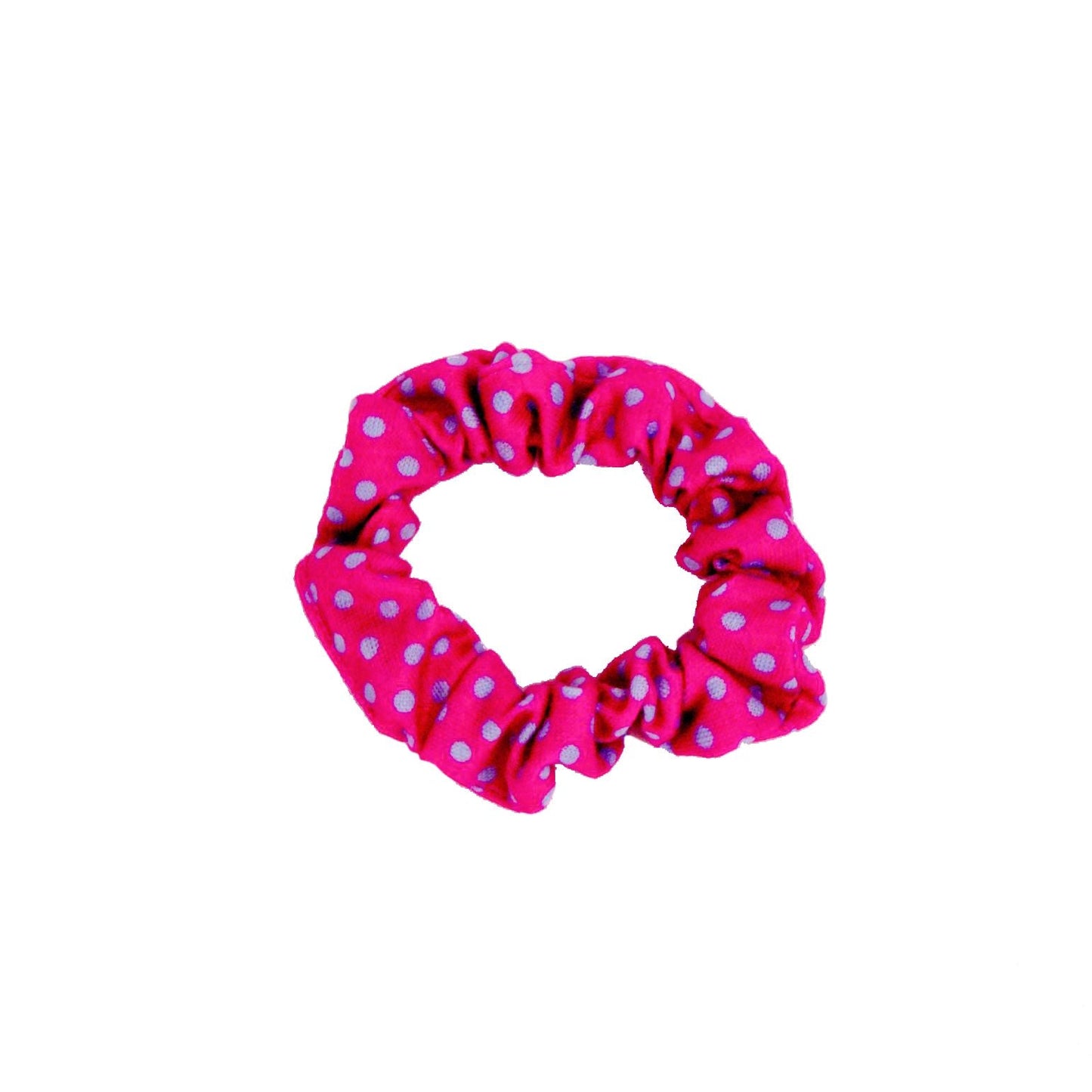 Amelia Beauty, Medium Pink with Blue Polka Dot Jersey Scrunchies, 2.5in Diameter, Gentle on Hair, Strong Hold, No Snag, No Dents or Creases. 10 Pack - 12 Retail Packs