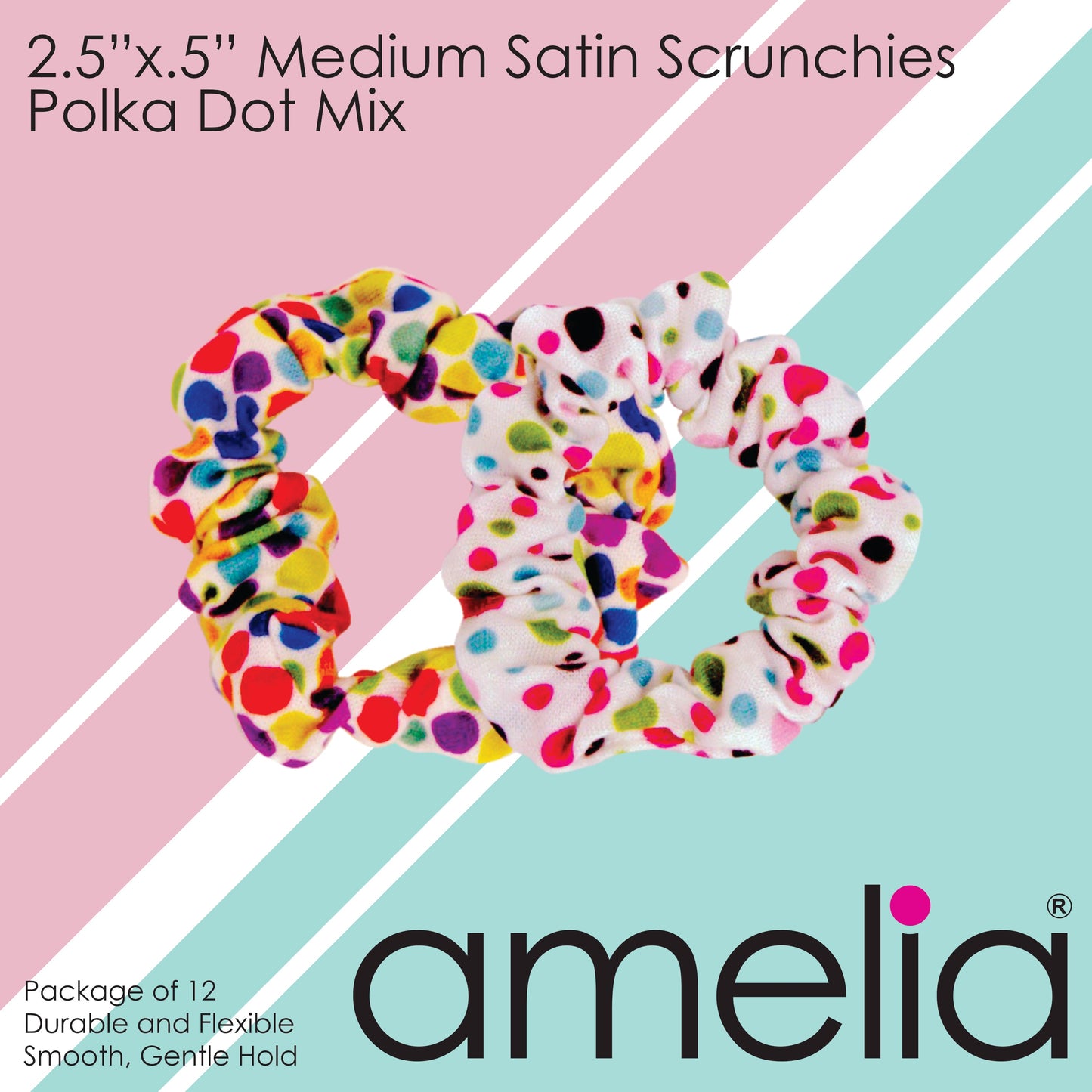 Amelia Beauty, Medium Rainbow and Pastel Dot Mix Jersey Scrunchies, 2.5in Diameter, Gentle on Hair, Strong Hold, No Snag, No Dents or Creases. 10 Pack - 12 Retail Packs