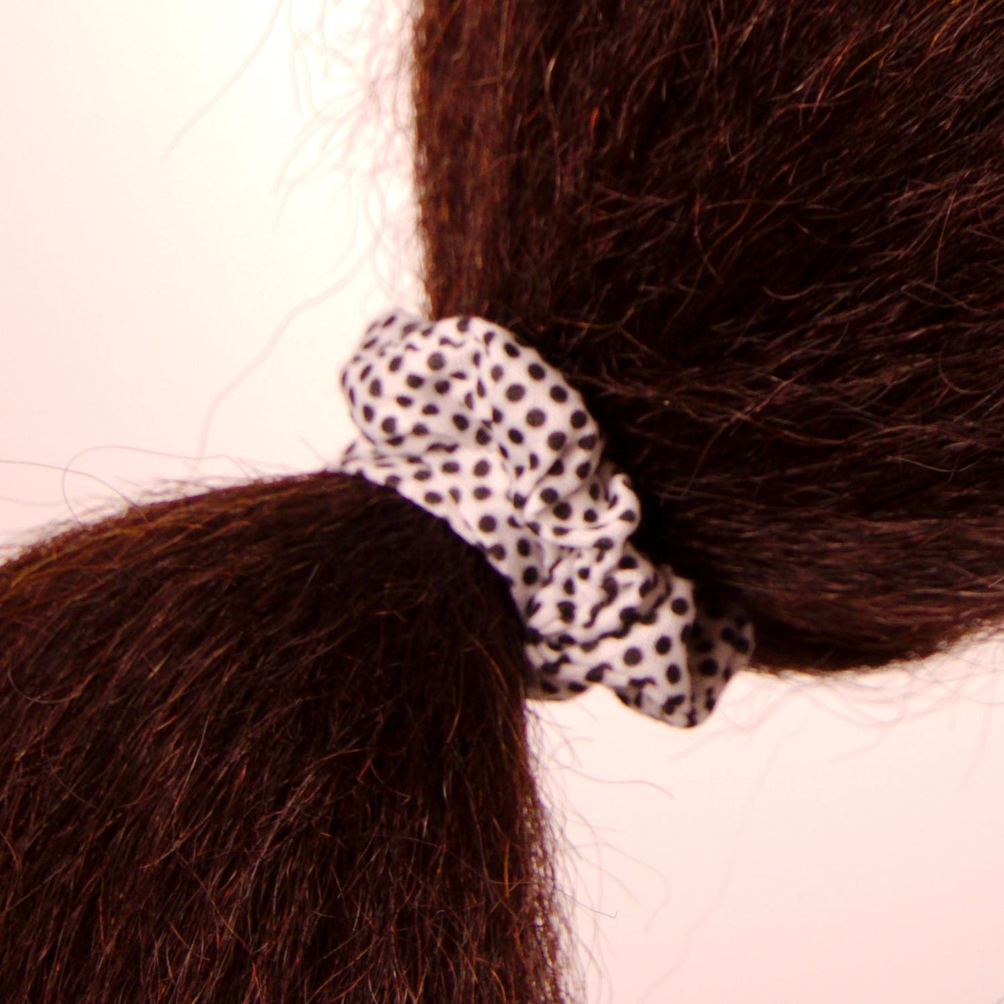 Amelia Beauty, Medium White with Black Polka Dot Jersey Scrunchies, 2.5in Diameter, Gentle on Hair, Strong Hold, No Snag, No Dents or Creases. 10 Pack - 12 Retail Packs