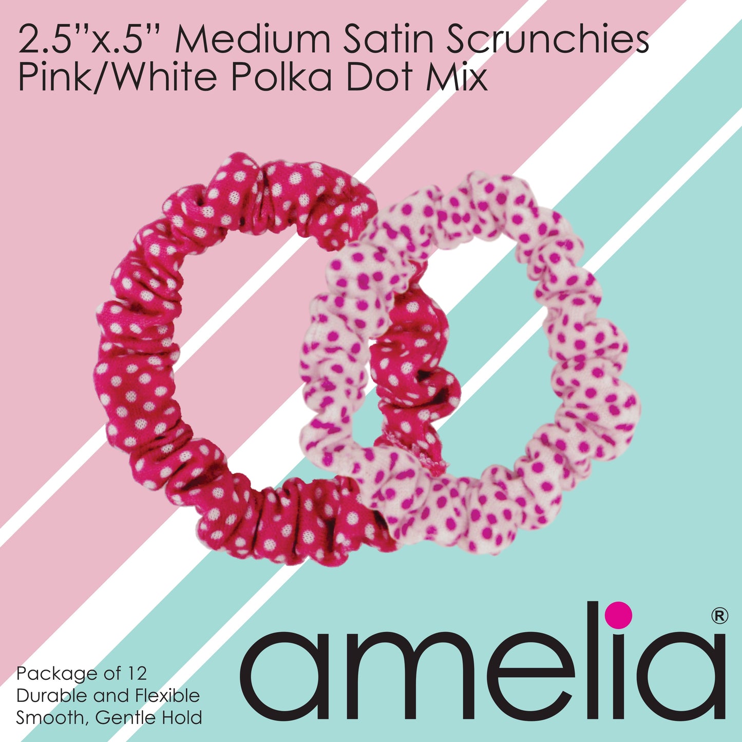 Amelia Beauty, Medium Pink and White Dot Mix Jersey Scrunchies, 2.5in Diameter, Gentle on Hair, Strong Hold, No Snag, No Dents or Creases. 10 Pack - 12 Retail Packs