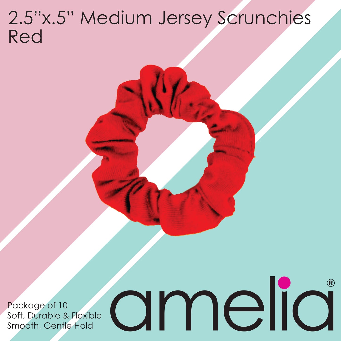 Amelia Beauty, Medium Red Jersey Scrunchies, 2.5in Diameter, Gentle on Hair, Strong Hold, No Snag, No Dents or Creases. 10 Pack - 12 Retail Packs