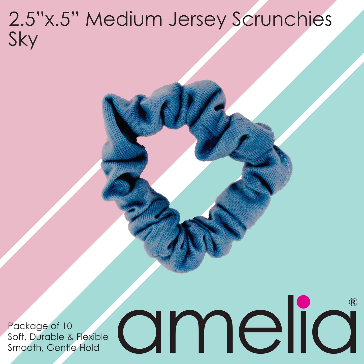 Amelia Beauty, Medium Light Sky Blue Jersey Scrunchies, 2.5in Diameter, Gentle on Hair, Strong Hold, No Snag, No Dents or Creases. 10 Pack - 12 Retail Packs