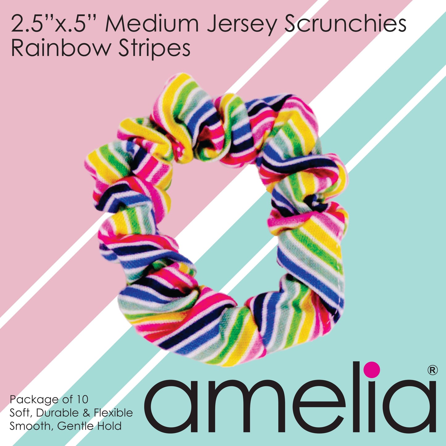 Amelia Beauty, Medium Rainbow Stripe Jersey Scrunchies, 2.5in Diameter, Gentle on Hair, Strong Hold, No Snag, No Dents or Creases. 10 Pack - 12 Retail Packs