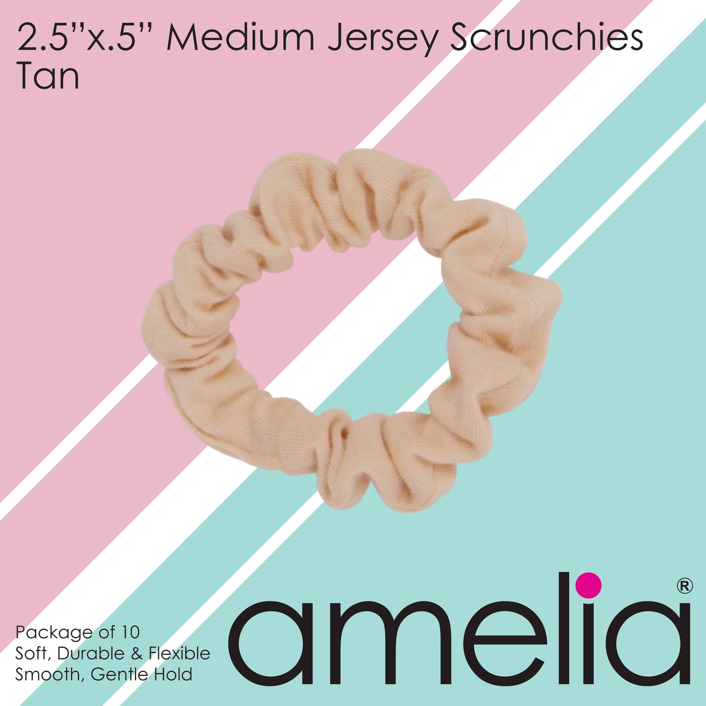 Amelia Beauty, Medium Tan Jersey Scrunchies, 2.5in Diameter, Gentle on Hair, Strong Hold, No Snag, No Dents or Creases. 10 Pack - 12 Retail Packs