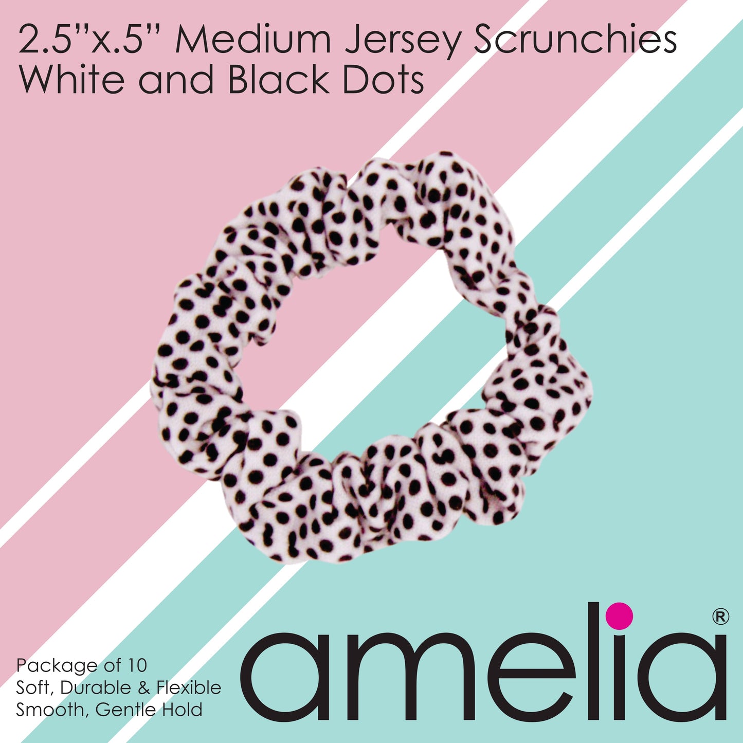 Amelia Beauty, Medium White with Black Polka Dot Jersey Scrunchies, 2.5in Diameter, Gentle on Hair, Strong Hold, No Snag, No Dents or Creases. 10 Pack - 12 Retail Packs