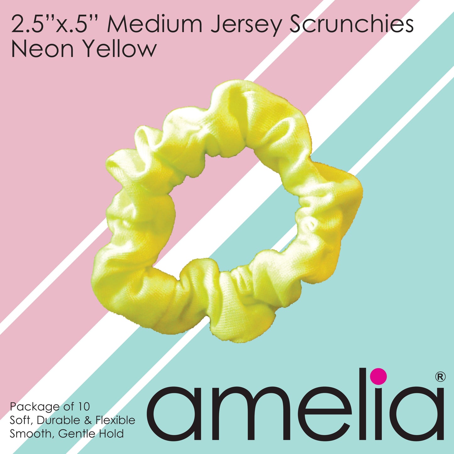 Amelia Beauty, Medium Neon Lime Jersey Scrunchies, 2.5in Diameter, Gentle on Hair, Strong Hold, No Snag, No Dents or Creases. 10 Pack - 12 Retail Packs