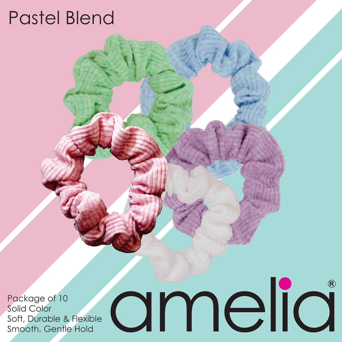 Amelia Beauty, Medium Pastel Mix Ribbed Scrunchies, 2.5in Diameter, Gentle on Hair, Strong Hold, No Snag, No Dents or Creases. 10 Pack - 12 Retail Packs