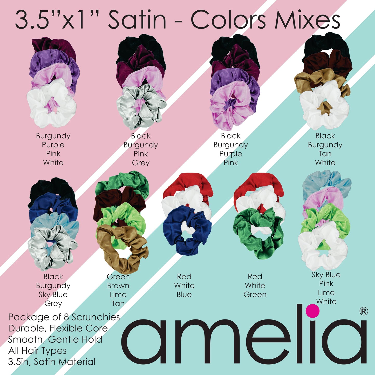 Amelia Beauty Products, Burgundy, Purple, Pink and White Satin Scrunchies, 3.5in Diameter, Gentle on Hair, Strong Hold, No Snag, No Dents or Creases. 8 Pack - 12 Retail Packs