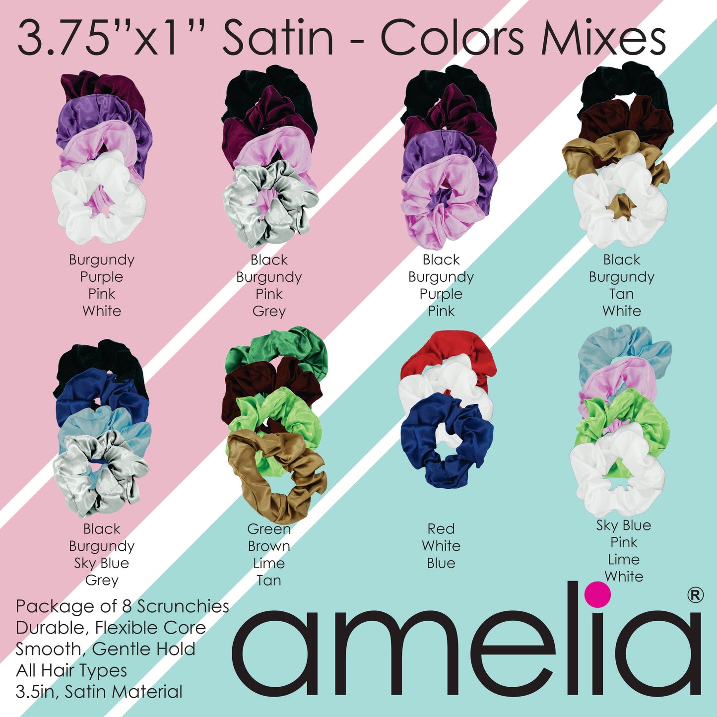 Amelia Beauty Products, Green, Brown, Lime and Tan Satin Scrunchies, 3.5in Diameter, Gentle on Hair, Strong Hold, No Snag, No Dents or Creases. 8 Pack - 12 Retail Packs