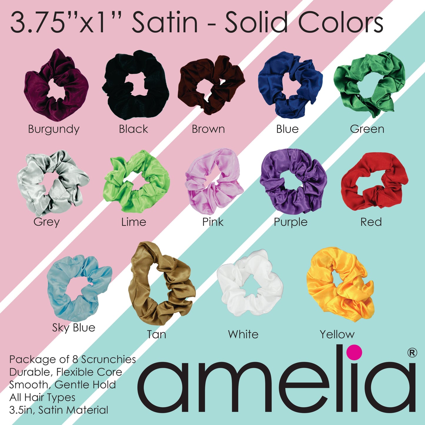 Amelia Beauty Products, Pink Satin Scrunchies, 3.5in Diameter, Gentle on Hair, Strong Hold, No Snag, No Dents or Creases. 8 Pack - 12 Retail Packs