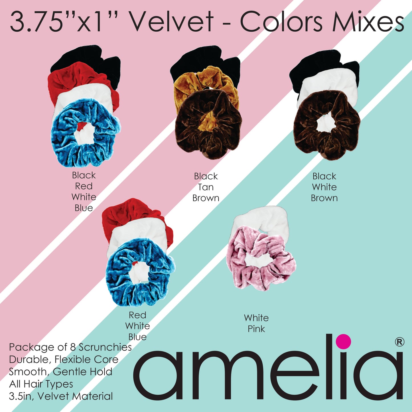 Amelia Beauty Products, White Velvet Velvet Scrunchies, 3.5in Diameter, Gentle on Hair, Strong Hold, No Snag, No Dents or Creases. 8 Pack - 12 Retail Packs